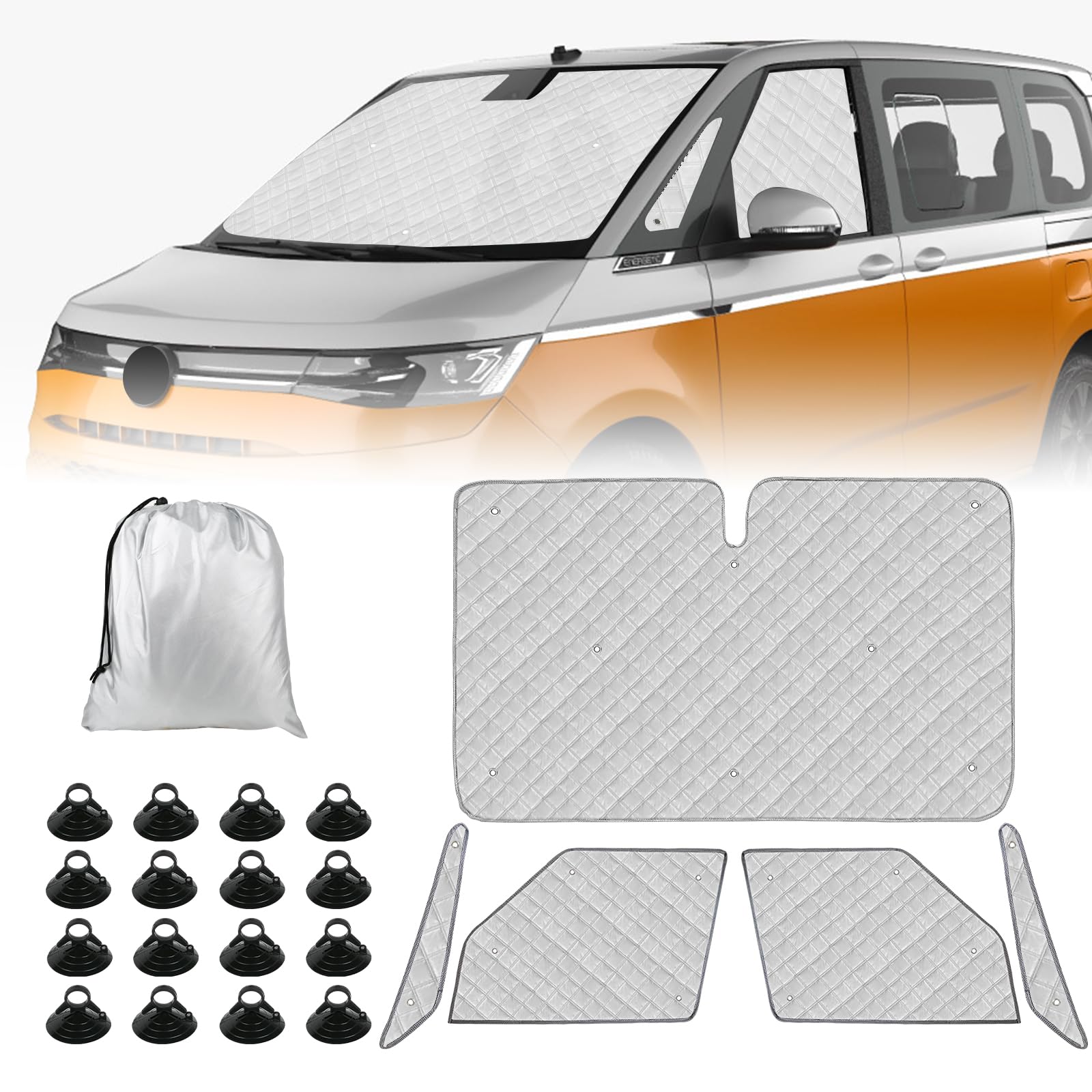Sonnenschutz Auto Frontscheibe Ersatz für VW T7, 3 STK Thermomatte | Faltbarer Sonnenschutz für Auto Innenabdeckung, Internes Set mit Aufbewahrungstasche, 100% Okklusion
