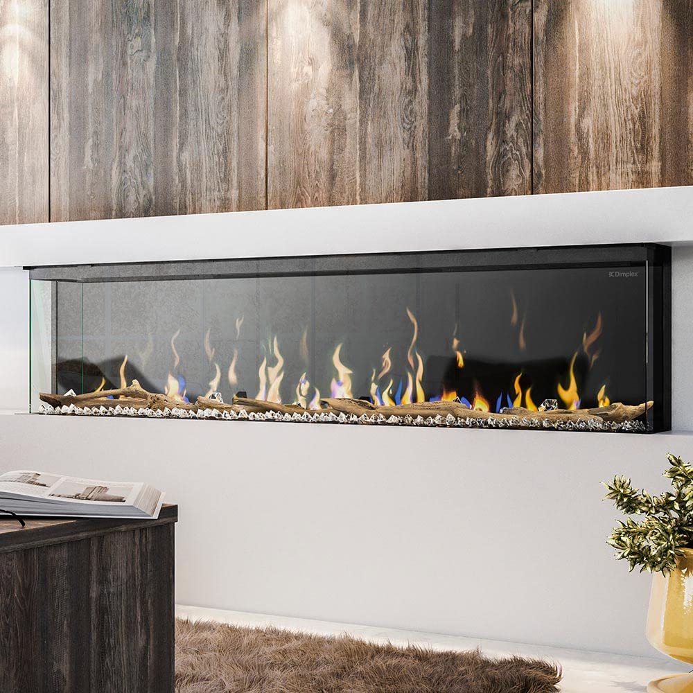 IgniteXL Bold - Chimenea eléctrica lineal moderna integrada de 74 pulgadas con múltiples opciones de pantalla, llamas multicolores, con cristales y juego de troncos de madera flotante, modelo: 5