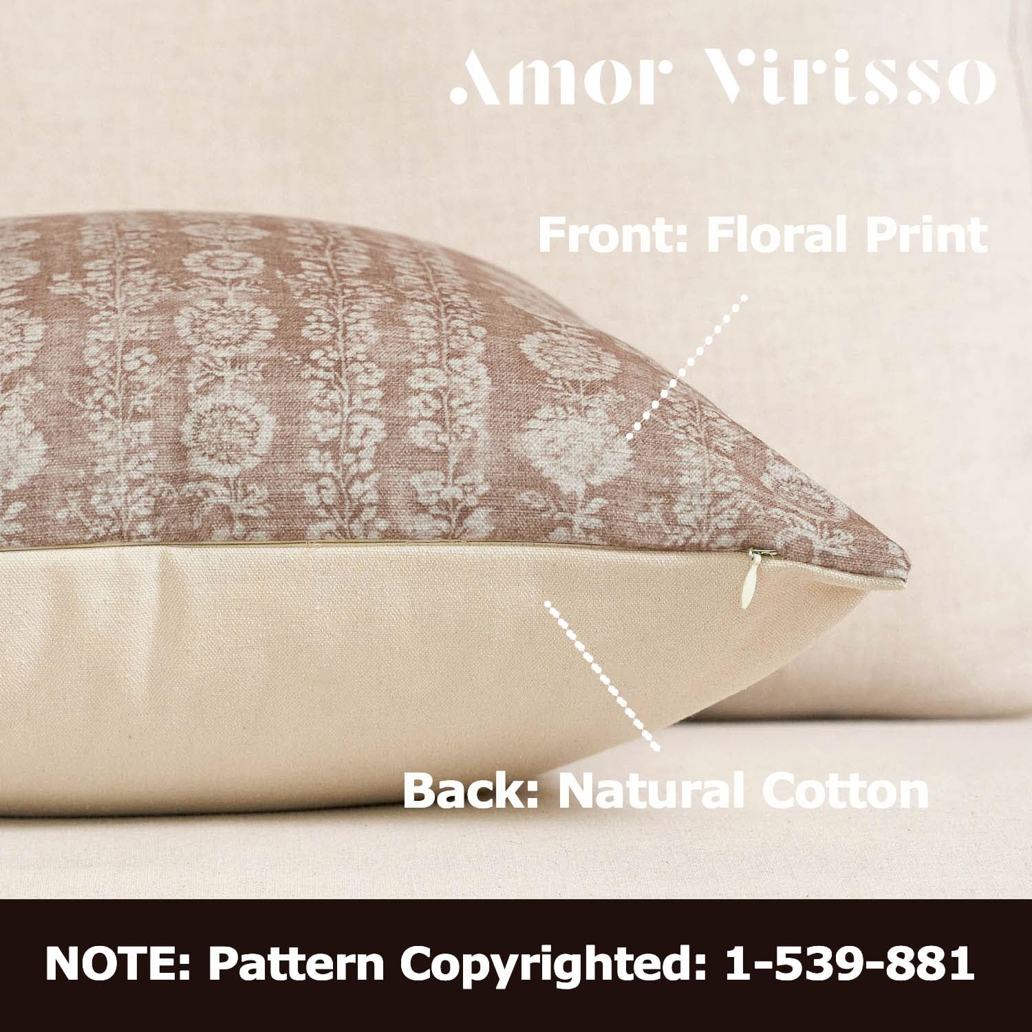 Amor Virisso Vintage Floral Throw Pillow Covers 18x18 Striped Farmhouse Block Print Pillow Cover Boho Neutral Decorative Pillows for Living Room Bed, Light Camel - Image 2