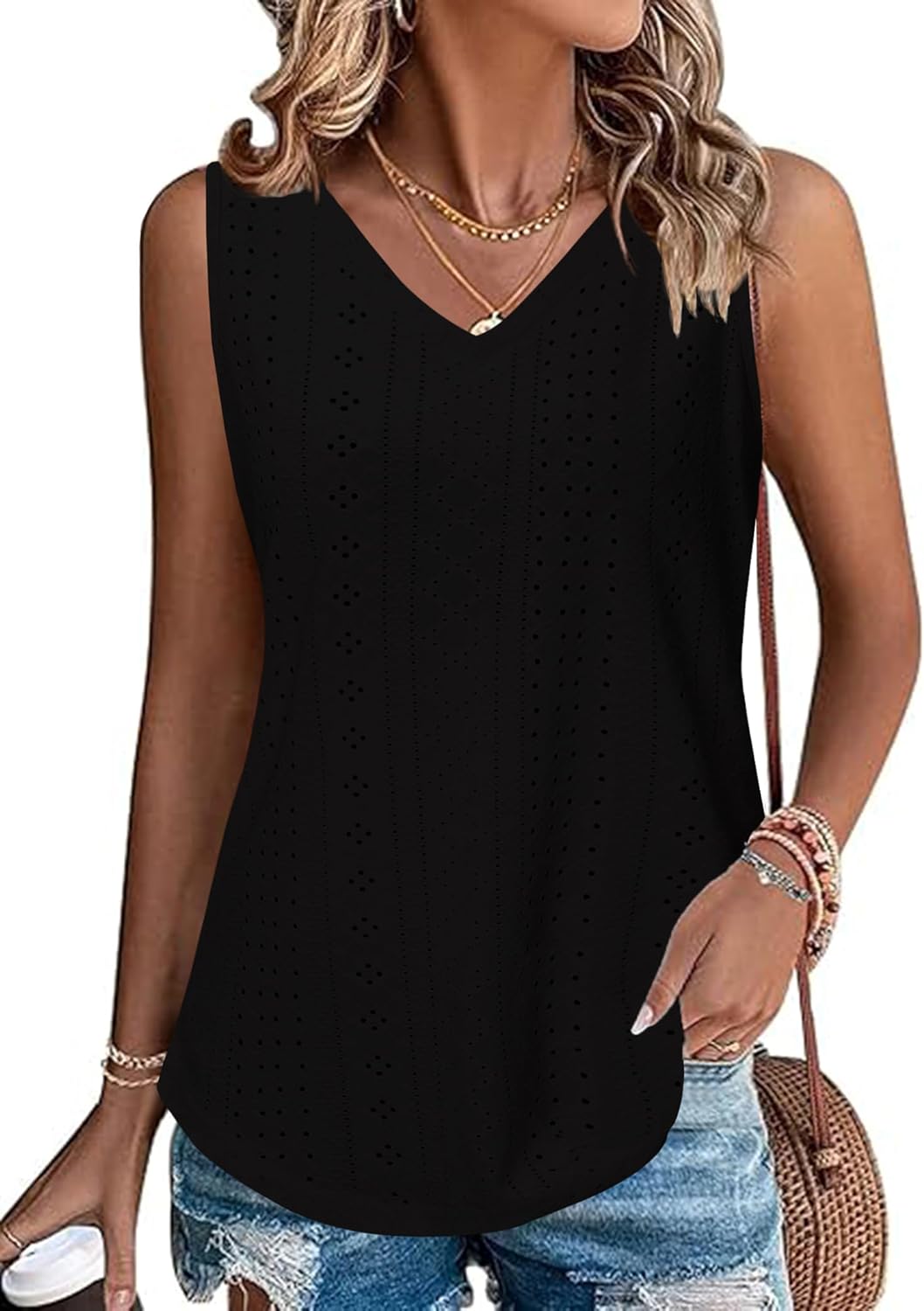 Gyabnw Tanktop voor dames, jacquard, hol, mouwloos, ronde hals, gebreid
