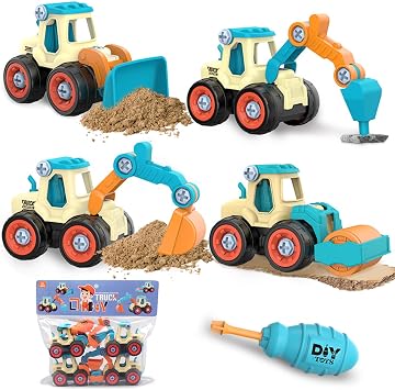 4 in 1 Construction Vehicles Digger Toys Set, DIY Excavato Digger