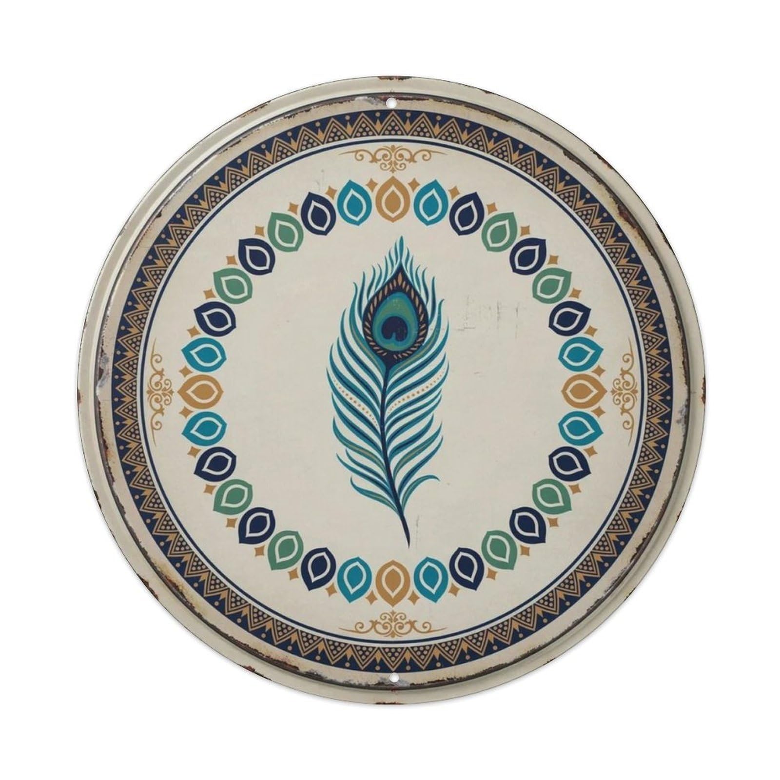 Peacock Feather Mandala Boho Round Metal Tin Sign Plaque