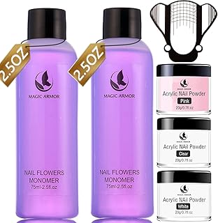 MAGIC ARMOR Acrylic Nail Kit - Acrylic Liquid Monomer and Acrylic Powder Set, 3 Colors Acrylic Powder Clear Pink White Professional Acrylic Monomer Liquid 5oz Acrylic Nail System For Acrylic Nails Extension Kit