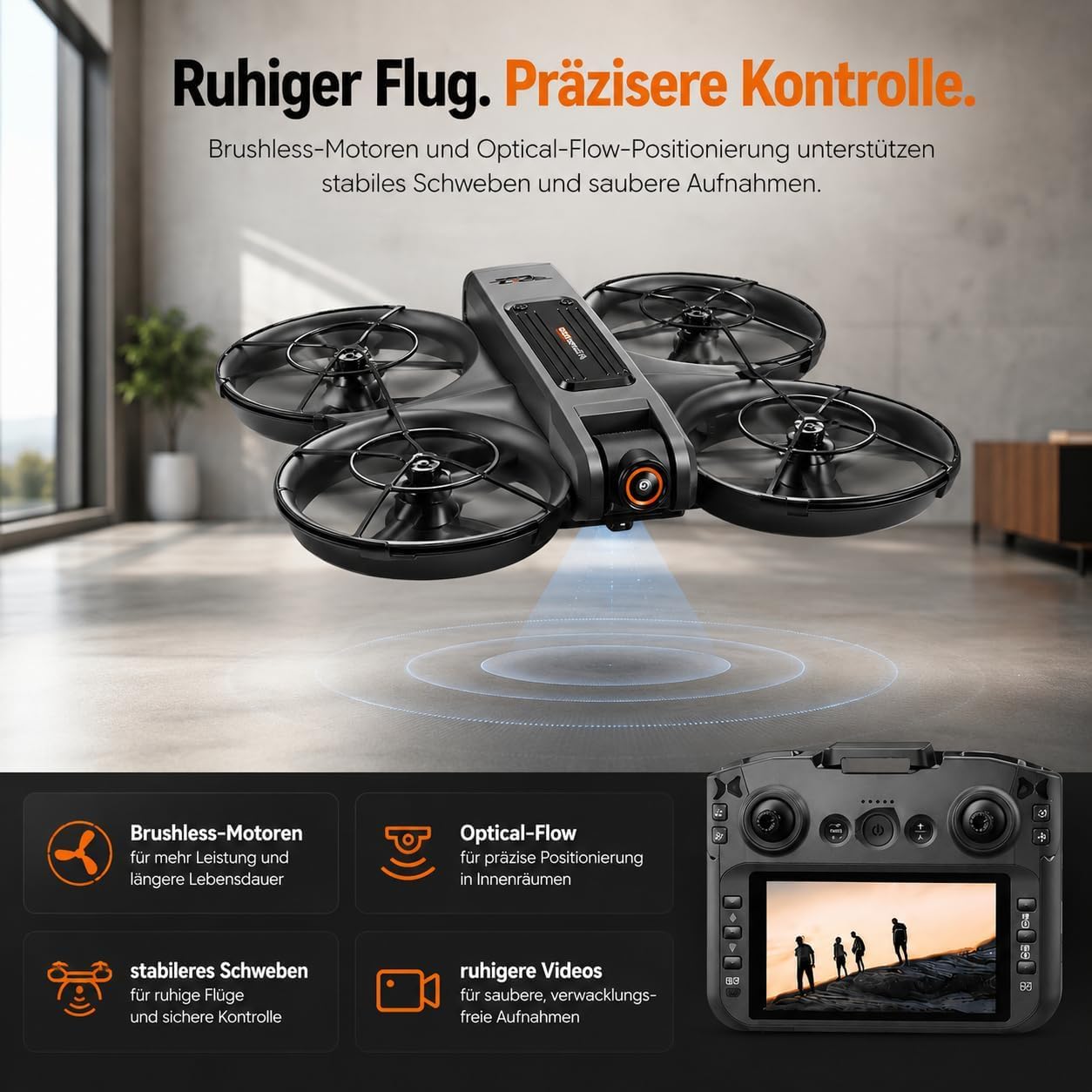RC Drohne mit HD Dual Kamera, Display Fernbedienung, Brushless Motor, 90° Kamera, FPV Livebild, Optical Flow, 360° Flip, LED, für Anfänger und Kinder (Schwarz, Akkus: 2 St.)