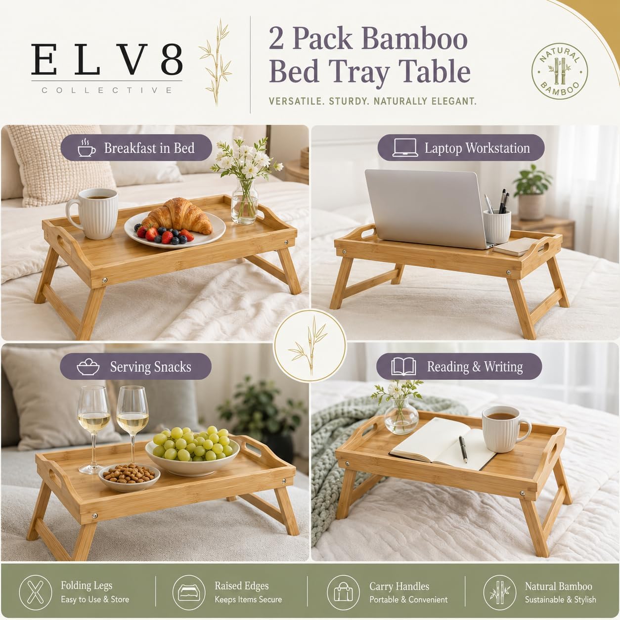 2 Pack Bamboo Bed Tray Table with Folding Legs, Laptop Lap Desk for Bed, Small Kitchen Table, Couch & Sofa, Portable Foldable Serving Tray Table, Kids Lap Desk, TV Tray, Wood Food Tray
