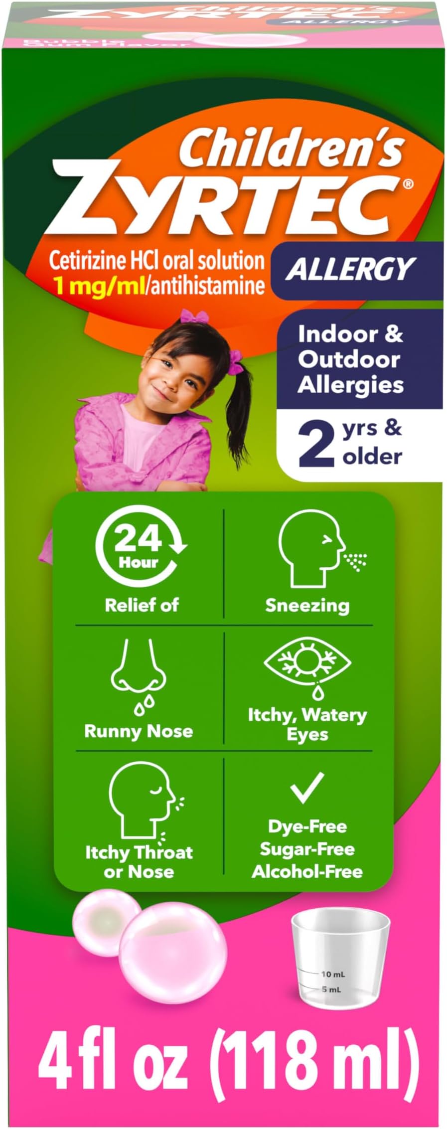 - Zyrtec Children's Liquid, Kid's Antihistamine Syrup, Dye-, Sugar-, and Alcohol-Free, Pleasant Bubble Gum Flavor, Contains Cetirizine HCl Suitable for Ages 2 Years and Up, 4 fl oz Bottle