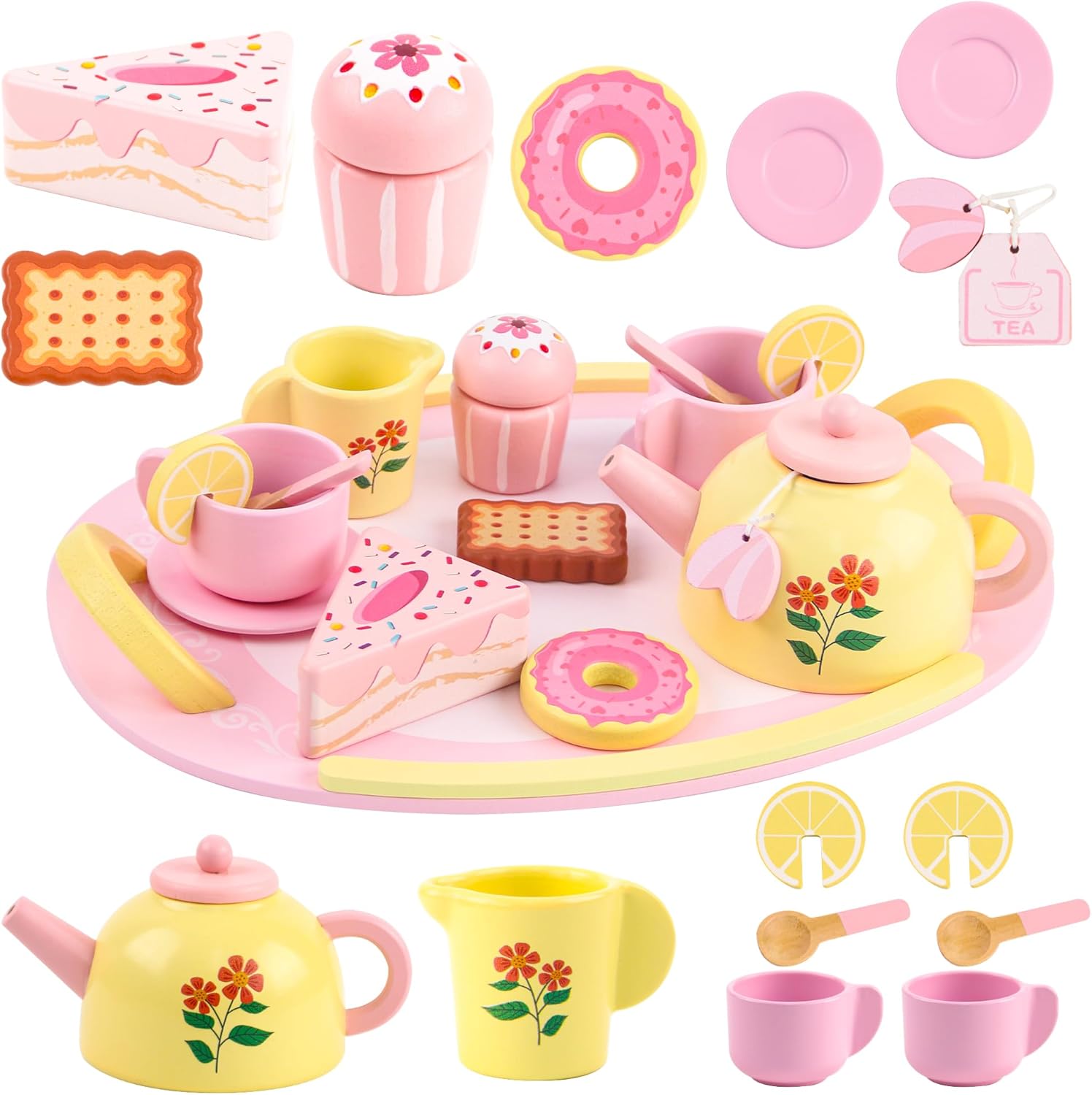 Wooden Tea Sets for Toddlers 3-5, Tea Party Set for Little Girls 4-6, Toddler Tea Set with Teacups, Dessert Food Items and Tray, Birthday Gift for Kids Aged 3-6