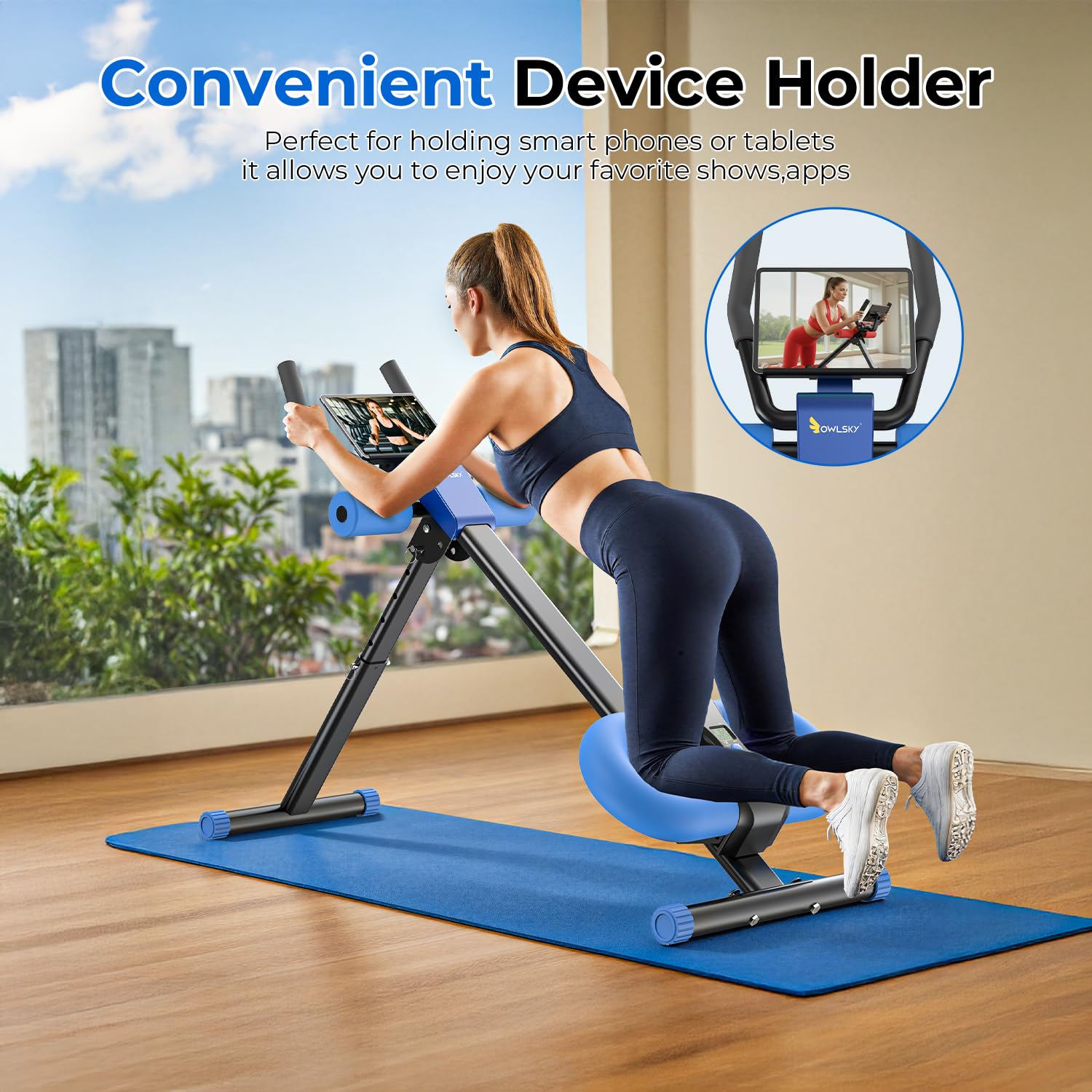 OWLSKY Ab Machine, Adjustable Ab Trainer Machine for Abs Workout at Home Gym, Foldable, Knee Protection, LCD Monitor, Device Holder, 400 LBS,Abdominal Trainer for Stomach Workout: Blue