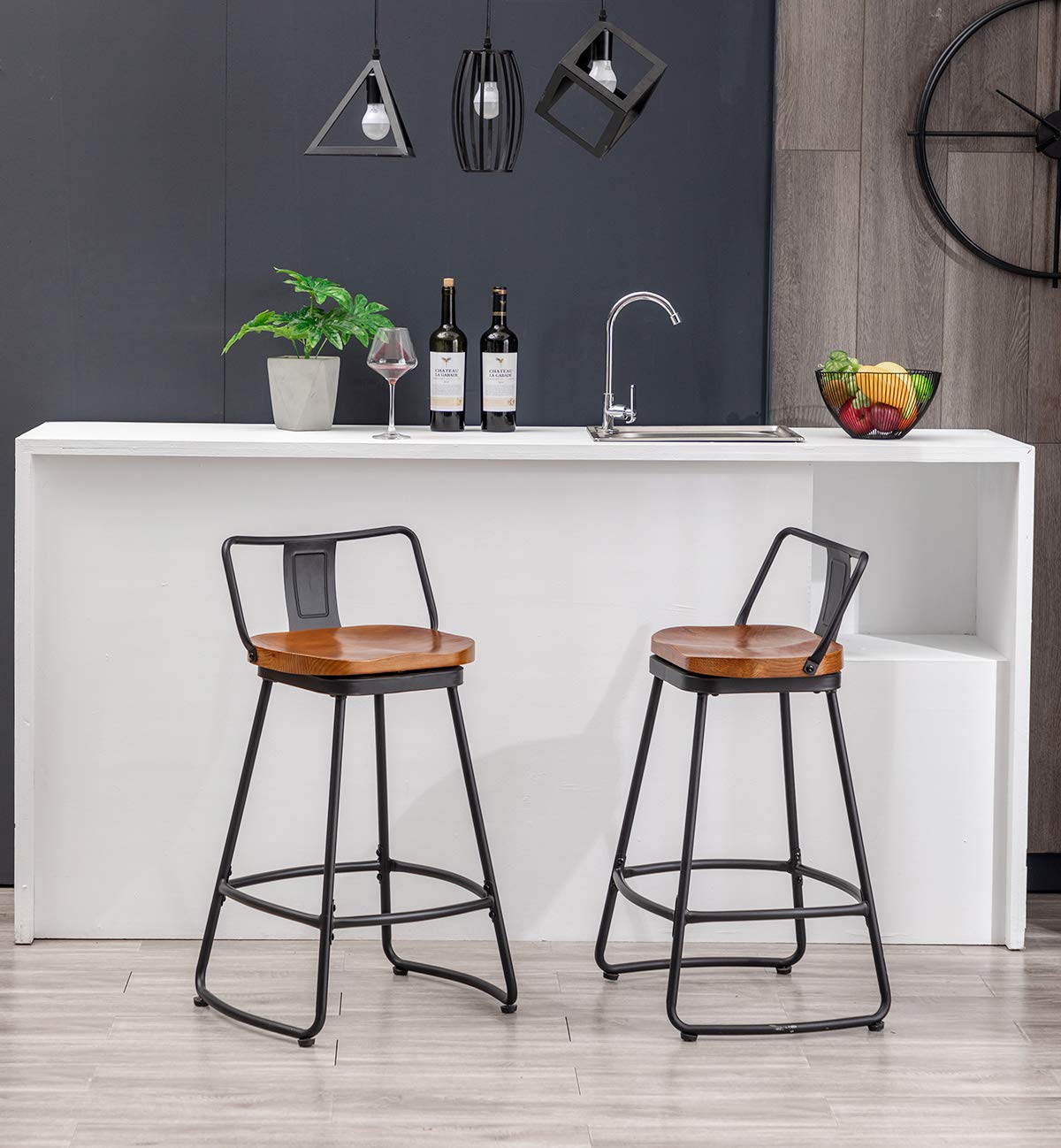HAOBO Home Bar Stools Industrial Metal bar Stools Counter Height Stools Dining Chair Set of 2 (Low Back Swivel Black with Wood U4-M, 30")