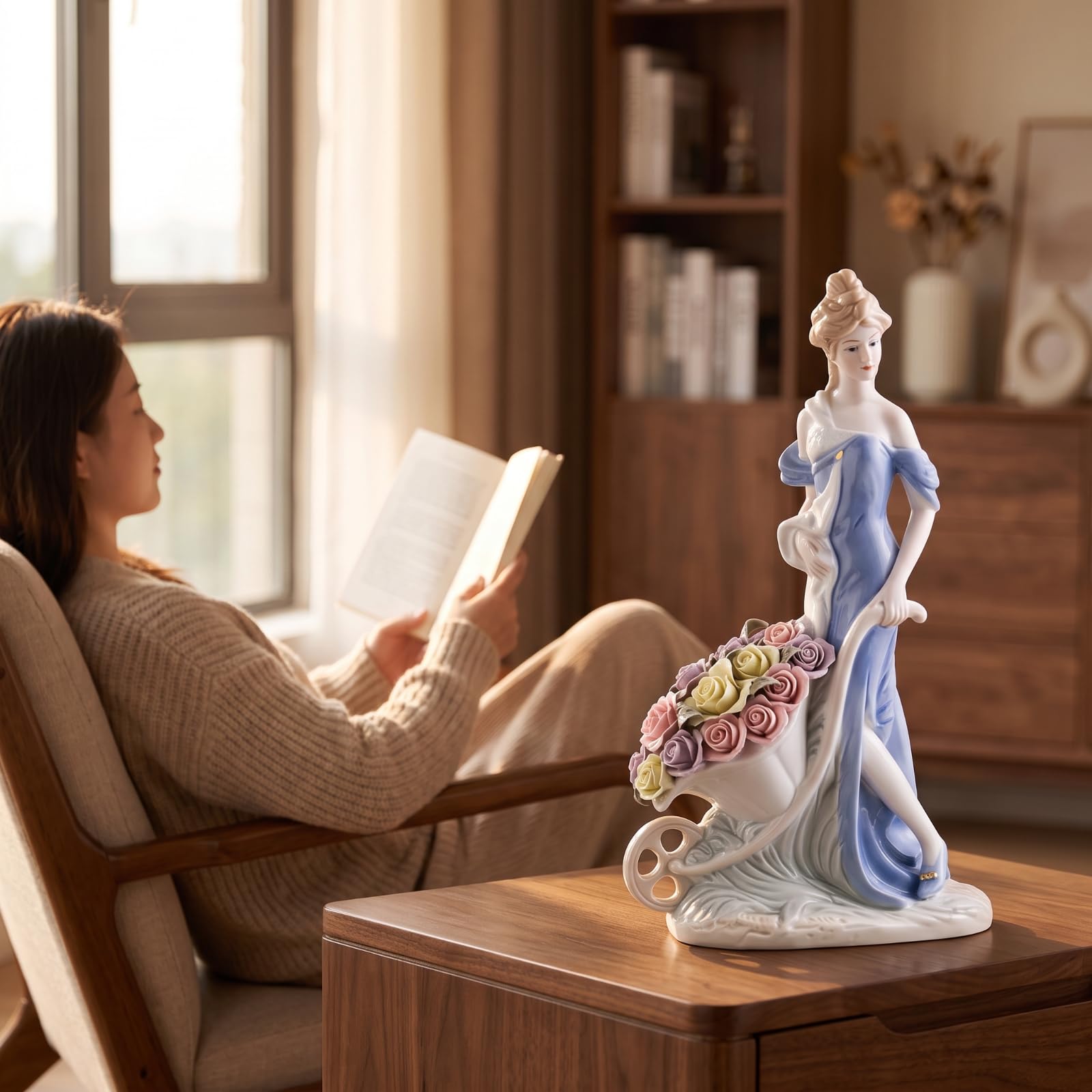 Gralara Figurine en Porcelaine Artinal | Finition Émaillée, Statute Femme Roses, Fait Main, Sculpture Femme, pr lon, Console D'entrée