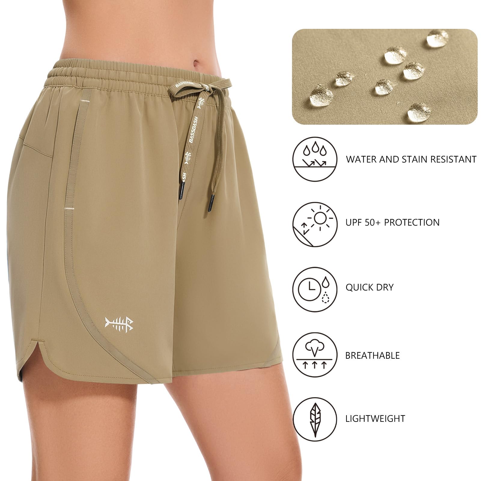 Bassdash Damen 5" Angeln Wanderhose Stretch Shorts UPF 50 + Wasserdicht Schnell Trocken Sportlich Wandern Shorts mit Taschen FP05W