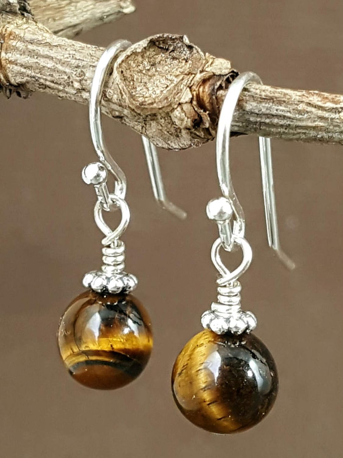 Sterling Silver Tiger Eye Beaded Drop Earrings, Handmade Gemstone Dangle Jewelry - Image 3