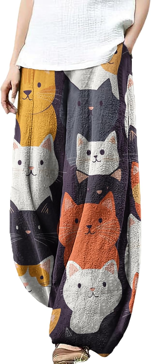 MARSVOVO Wide Leg Pants Woman Lounge Casual Cute Print Harem Pants Plus Size Elastic Travel Palazzo Pants with Pockets