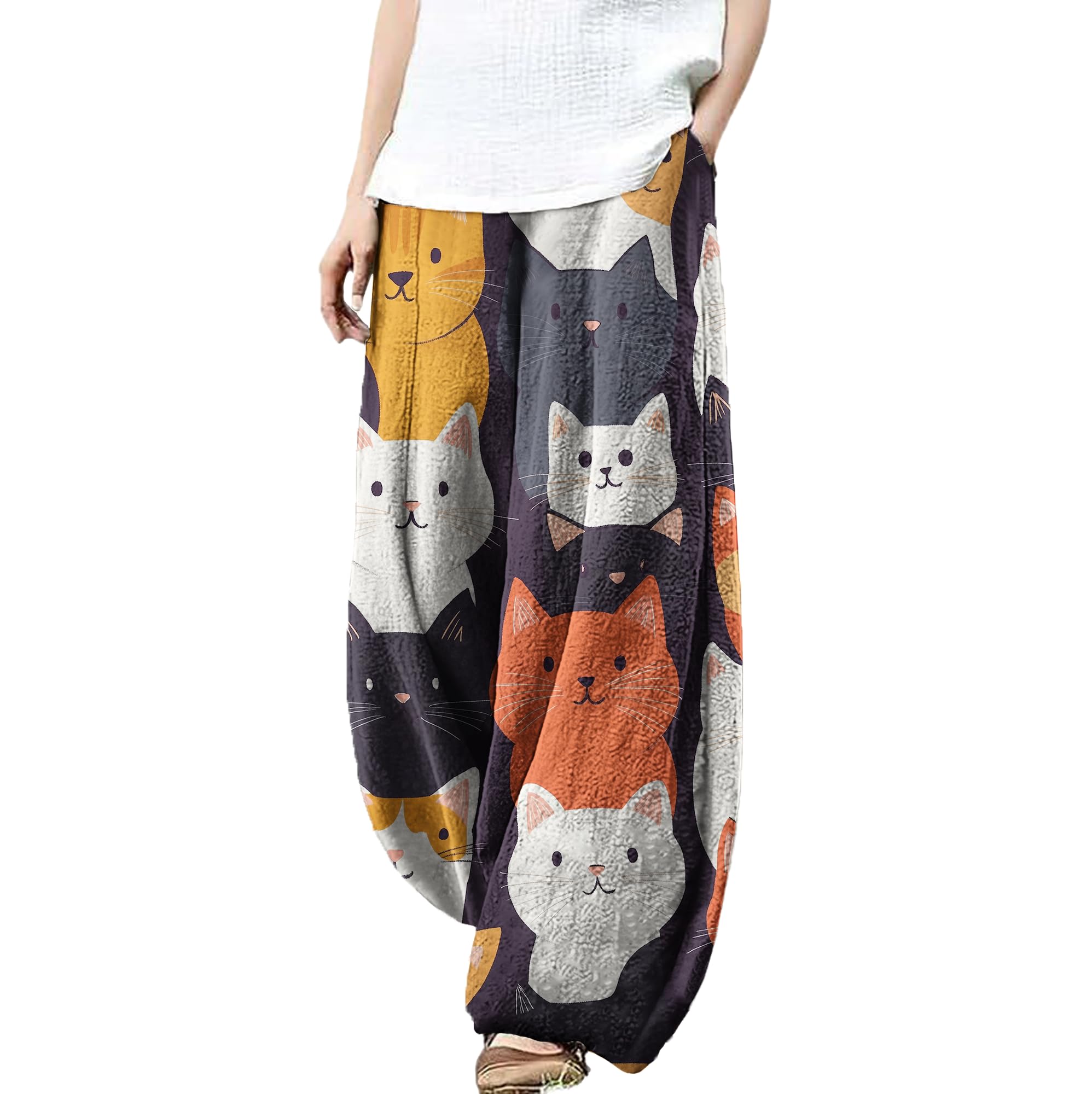 MARSVOVO Wide Leg Pants Woman Lounge Casual Cute Print Harem Pants Plus Size Elastic Travel Palazzo Pants with