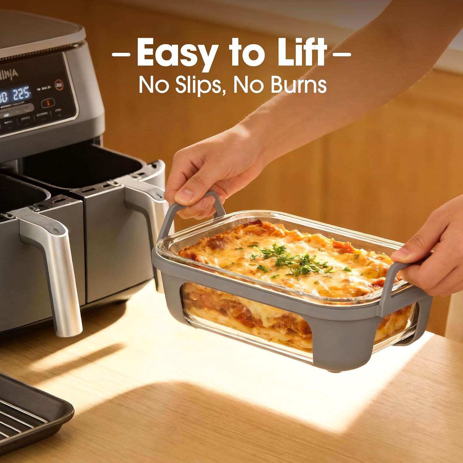 Snuggery Glass Casserole Dish with Lid for 8–10QT Air Fryer - Durable Borosilicate Glass Bakeware, Baking Pan, Small Glass Baking Dish for Oven, Air Fryer, and Lasagna, Perfect for Meal Prep, Reheating, and Serving