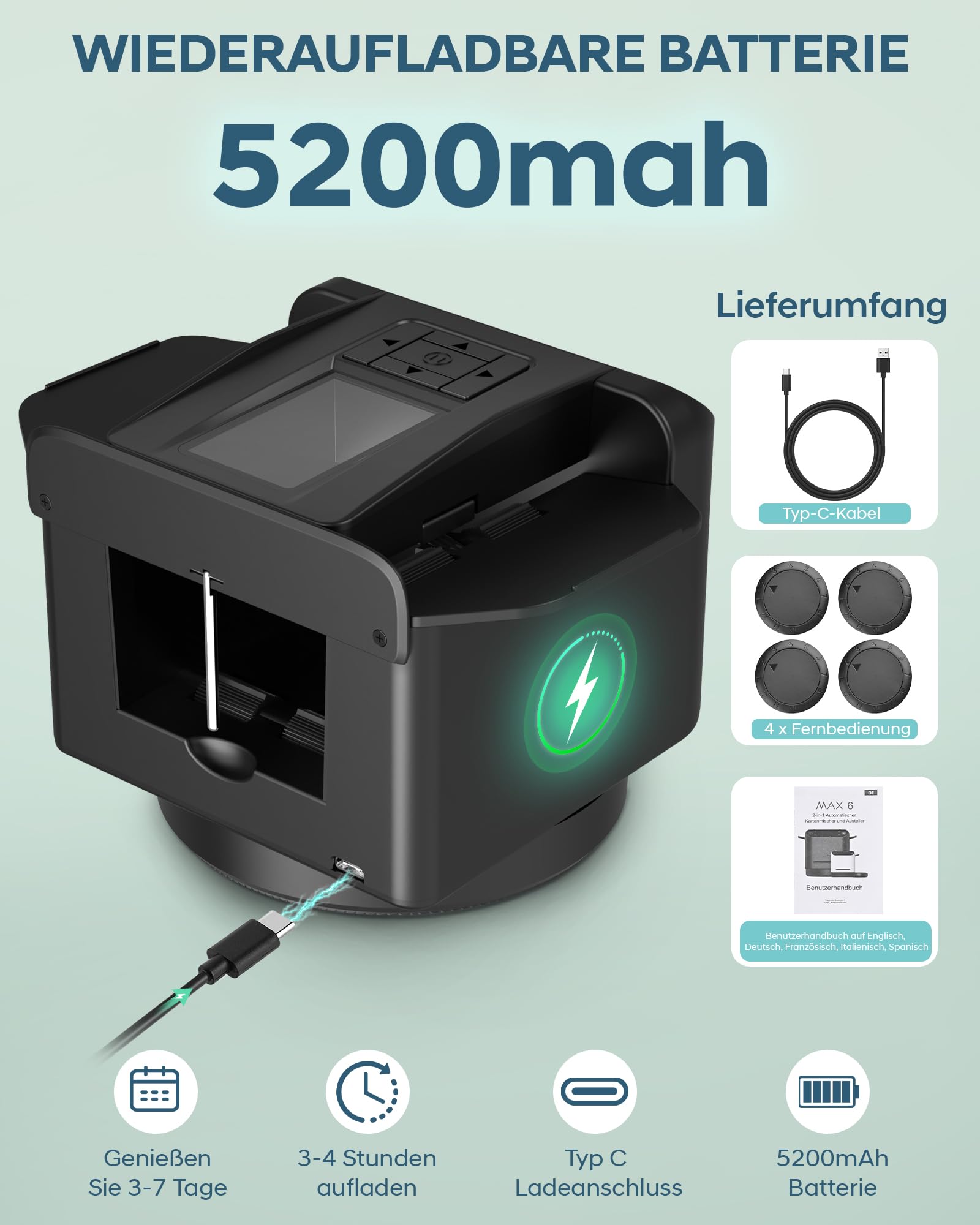 Automatischer Kartenmischer und Austeiler, 360° Drehung für 1–2 Decks, Kartenmischmaschine Kartenmischgerät mit verteiler, 2–12 Spieler mit 4 Fernbedienungen, Wiederaufladbar, Leise für Poker Schwarz