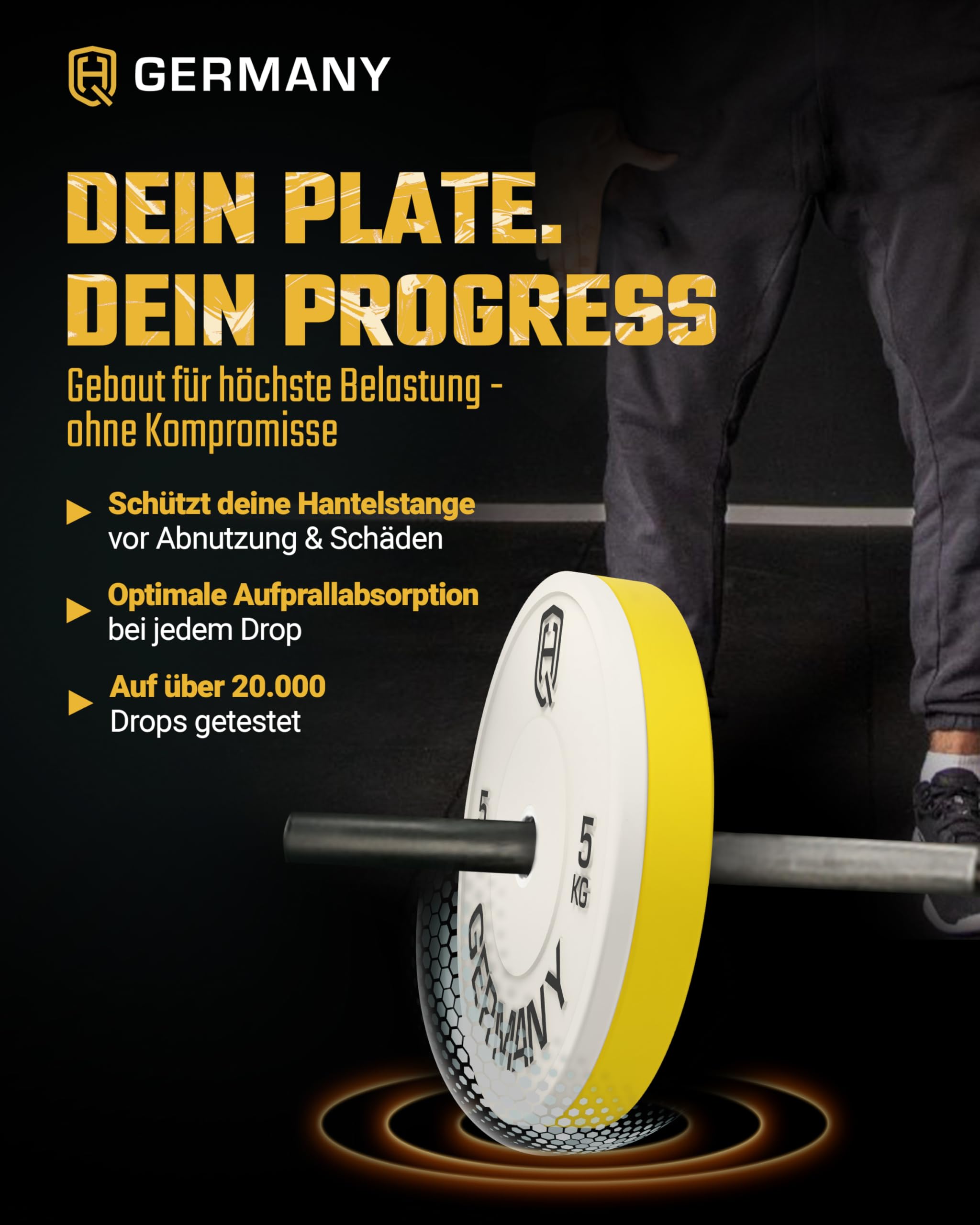 HQ Germany® Bumper Plates 50 mm [Nach IWF-Norm] - Hantelscheiben 5-25kg | Premium Vollgummi, Ø 450mm, 50mm-Bohrung, Shore-A 85 Härte, schmales Design, Edelstahl-Hülse
