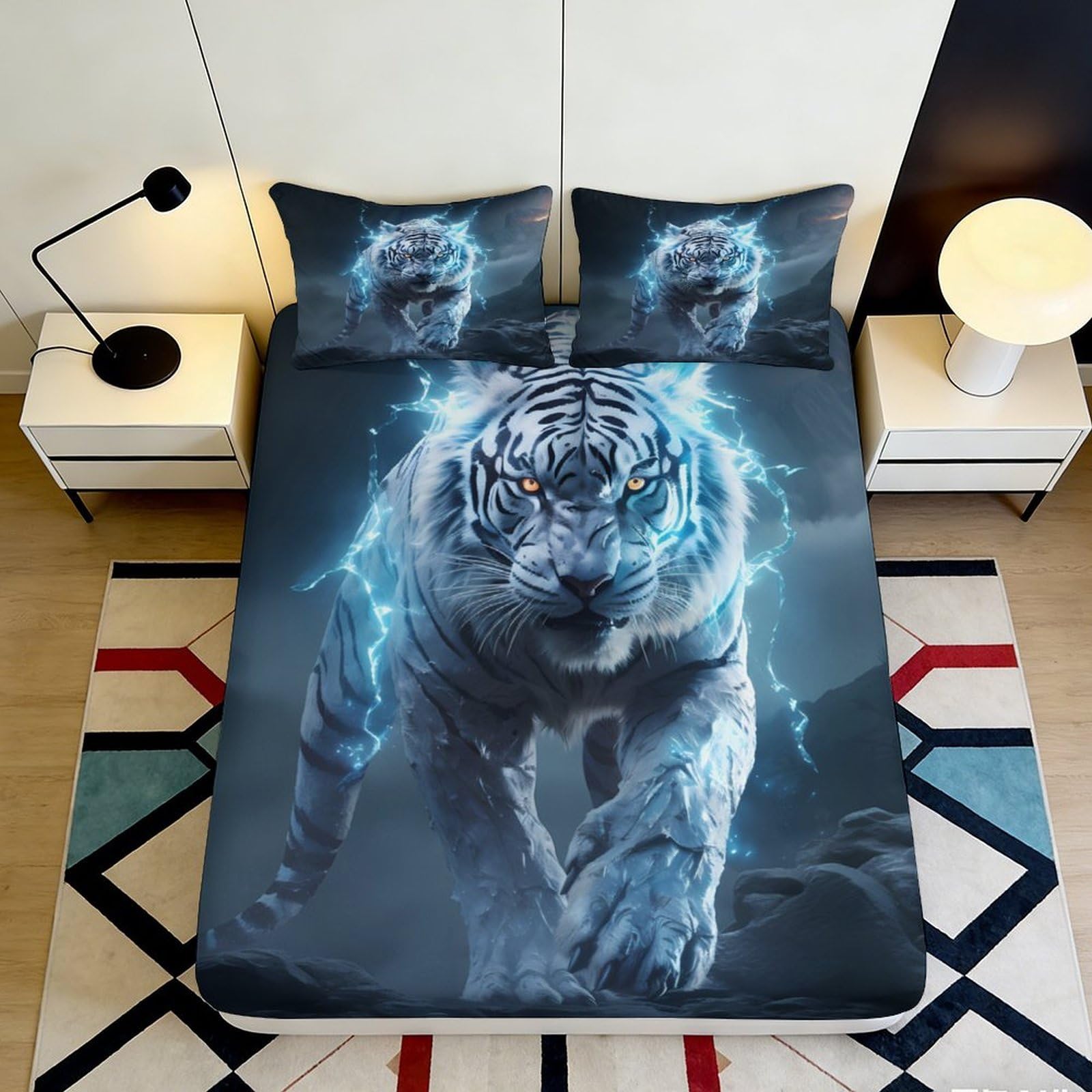 3D Printed Blue Lightning Tiger Fitted Sheet Microfiber Soft Mattress Cover for Bedroom Dorm Decorative Protection 90x200x25cm