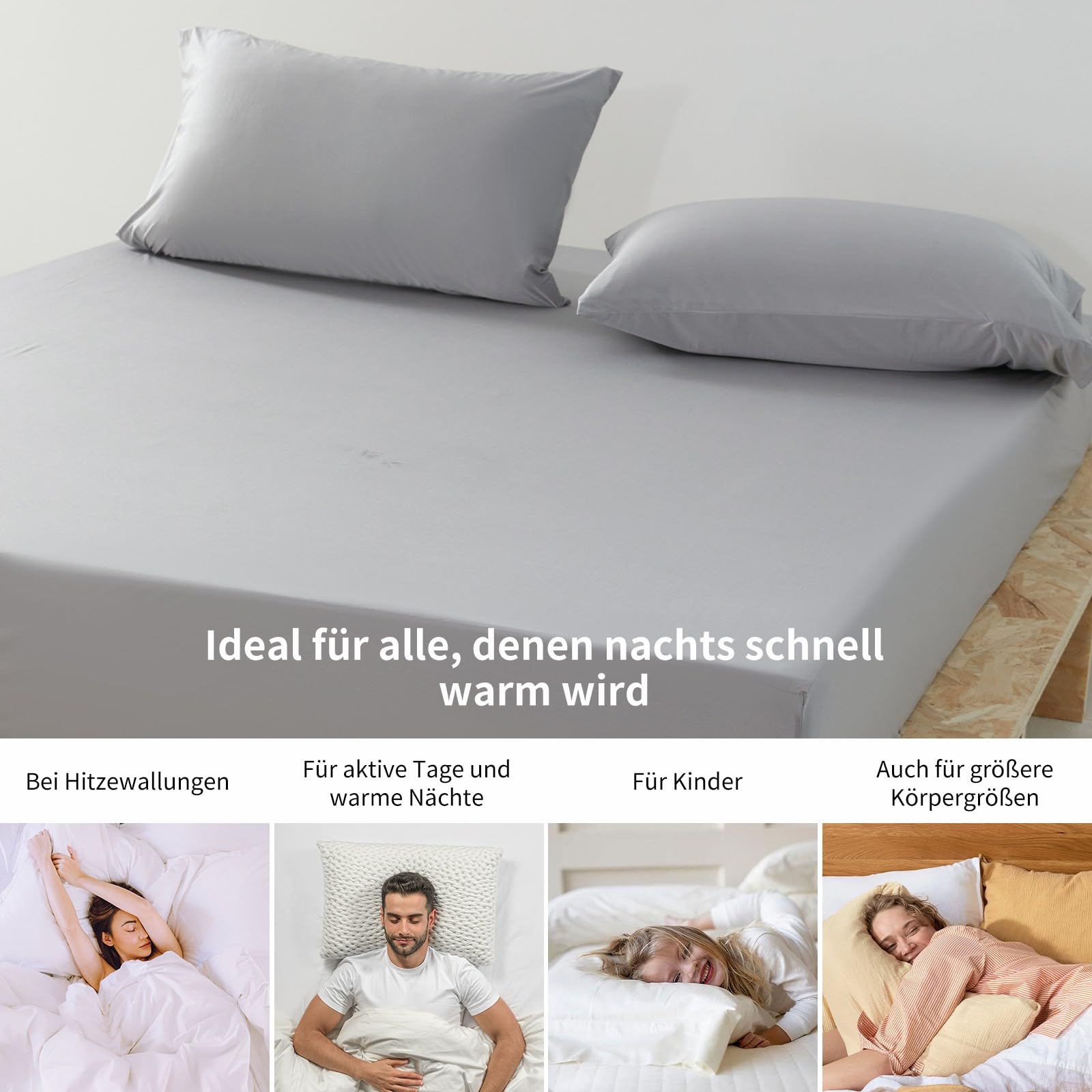 Sommer Satin Spannbettlaken Kühlend 140x200 cm Grau Hellgrau Spannbetttuch 90% Nylon + 10% Elastan，Q-Max > 0,4, Elastisches Bettlaken bis 30cm Matratzenhöhe, für Nachtschweiß & Warme Schläfer