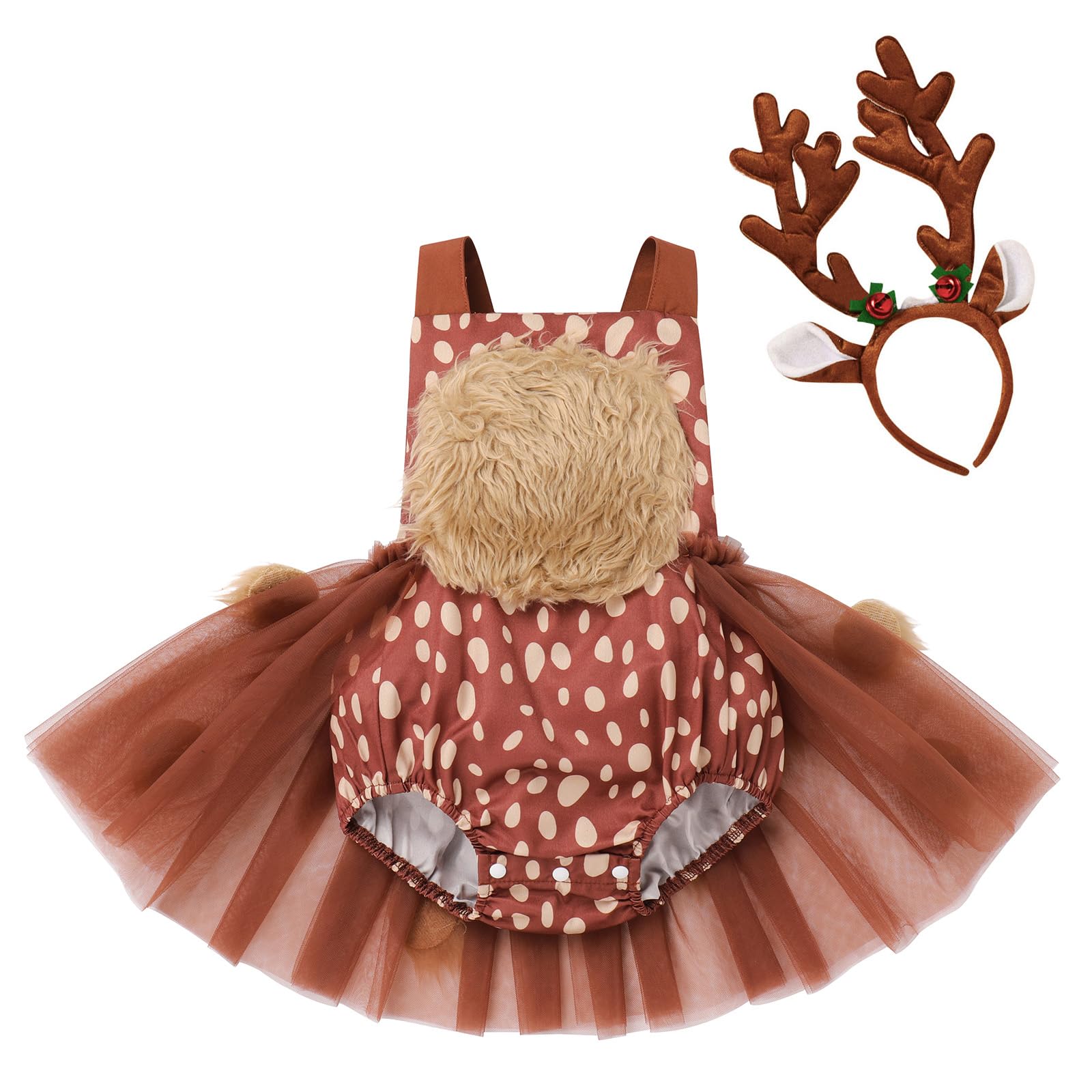 IMEKIS Baby Girls Christmas Reindeer Costume Romper with Deer Antlers Headband Newborn Xmas Outfit Set for Photo Shoot