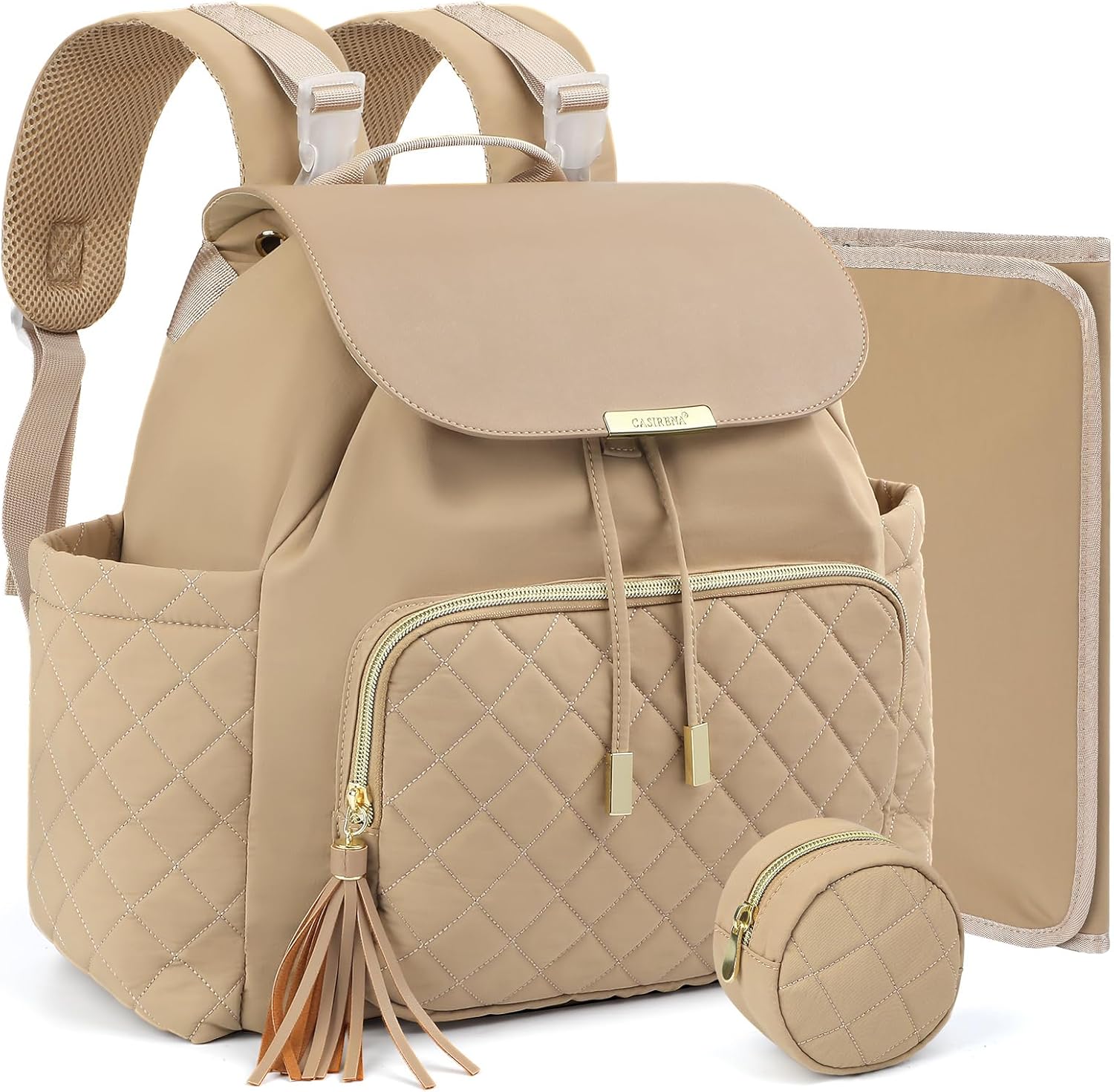 CASIRENA Diaper Bag Backpack, Small Baby Travel Bag, Stylish Mom Daypack, Water-Resistant Diaper Backpack, Cute Baby Bag for Girl Boy with Changing Pad,Stroller Buckles,Insulated Pockets (Khaki)