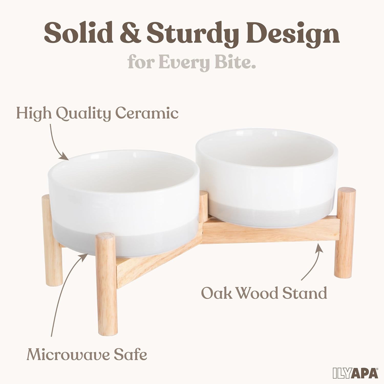 Ilyapa Ceramic Dog Bowls - Elevated for Medium Sized Pet with Raised Food and Water Set - Gray Double 6 inch, 28 Oz Bowls & 13x6.3x5.5 Wooden Stand