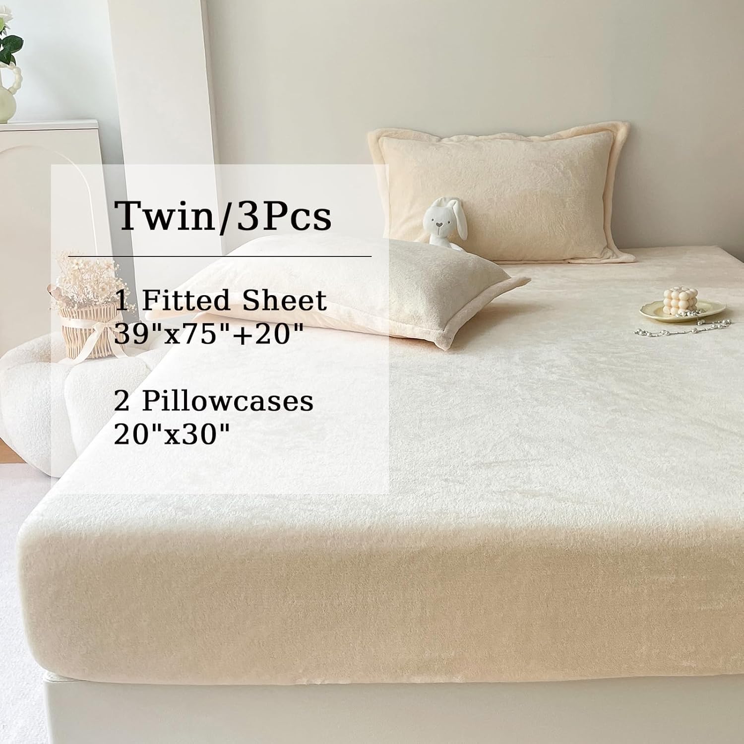 morromorn fleece sheets twin ultra soft, fuzzy plush flannel sheet set 3 piece - all season bedding set with 20" deep pocket fitted & 2 pillowcases, luxury velvet warm cozy breathable (beige) beige twin 3 pcs (1x fitted sheet, 2x pillowcases)