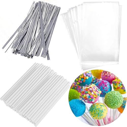 Juego de bolsas plateadas de piruleta para tartas, incluye 100 bolsas de paquete, 100 palitos de papel para golosinas, 100 lazos metálicos coloridos