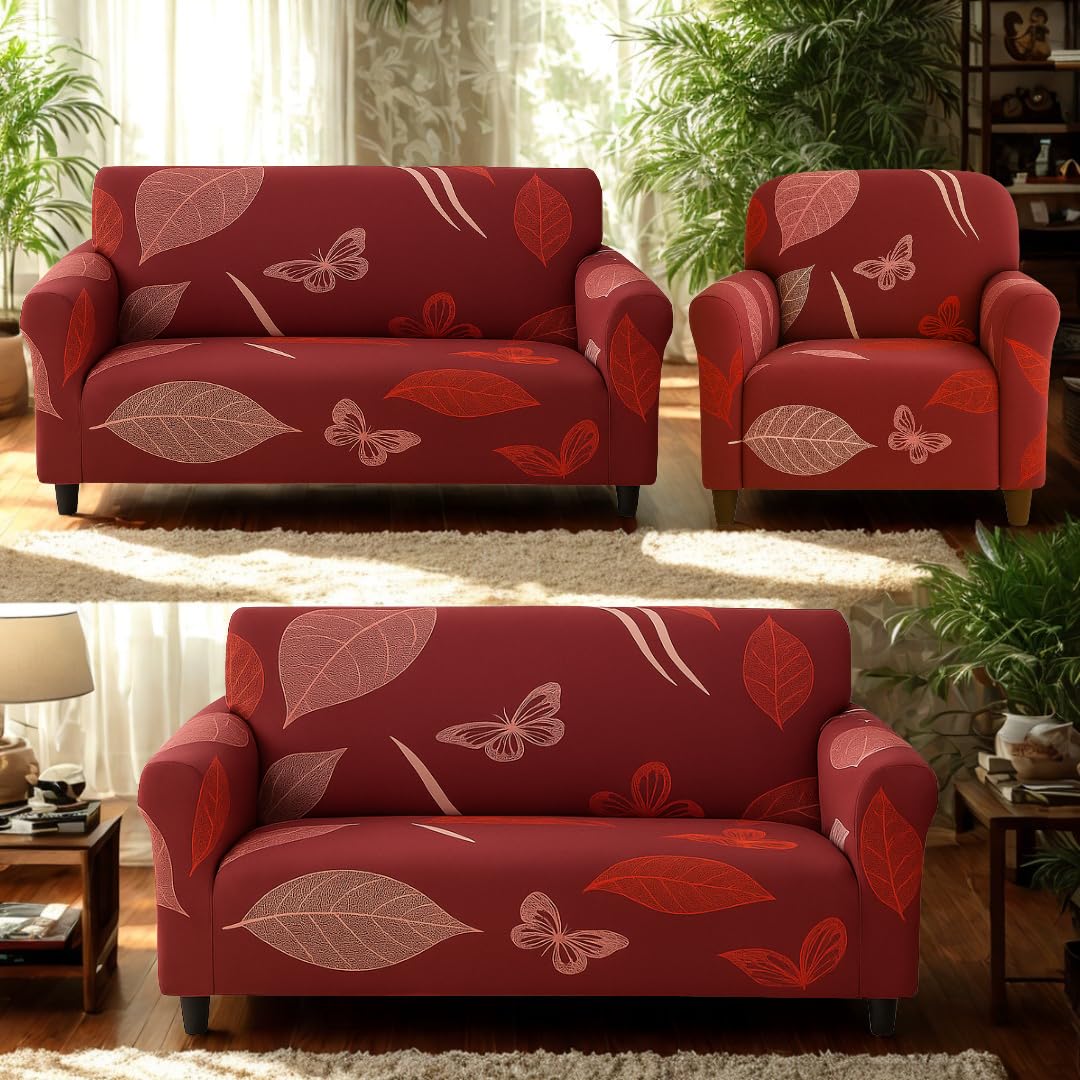 Homerz Premium 6 (3+2+1) Seater Universal Elastic fit Sofa Cover Fully Covered, Non-Slip Sticky Elastic Stretchable Sofa Set Slipcover Protector (Maroon Leaf, 6 (3+2+1) Seater)