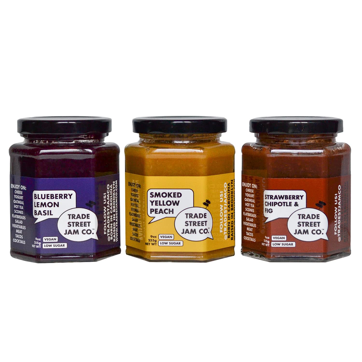 Trade Street Jam Co. - Signature Trio Gift Set, Low-Sugar Spread, Robust Flavors, No Artificial Sweeteners, Pectin, or Preservatives, Organic Ingredients, Locally Sourced, Gluten-Free, Vegan (3-Pack)