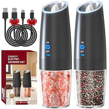 RECHARGEABLE - Gravity Electric Pepper and Salt Grinder Set, Adjustable Coarseness, With LED Light, One Hand Automatic Operation, Stainless Steel Black