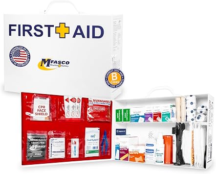 MFASCO 2 Shelf First Aid Cabinet - ANSI/OSHA Class B Type I & II - Medi First Brand Bandages - Carry or Wall Mount - Easy Restock & Refill - White Enamel Finish - 226 Pcs - 16"x11"x4 7/8"