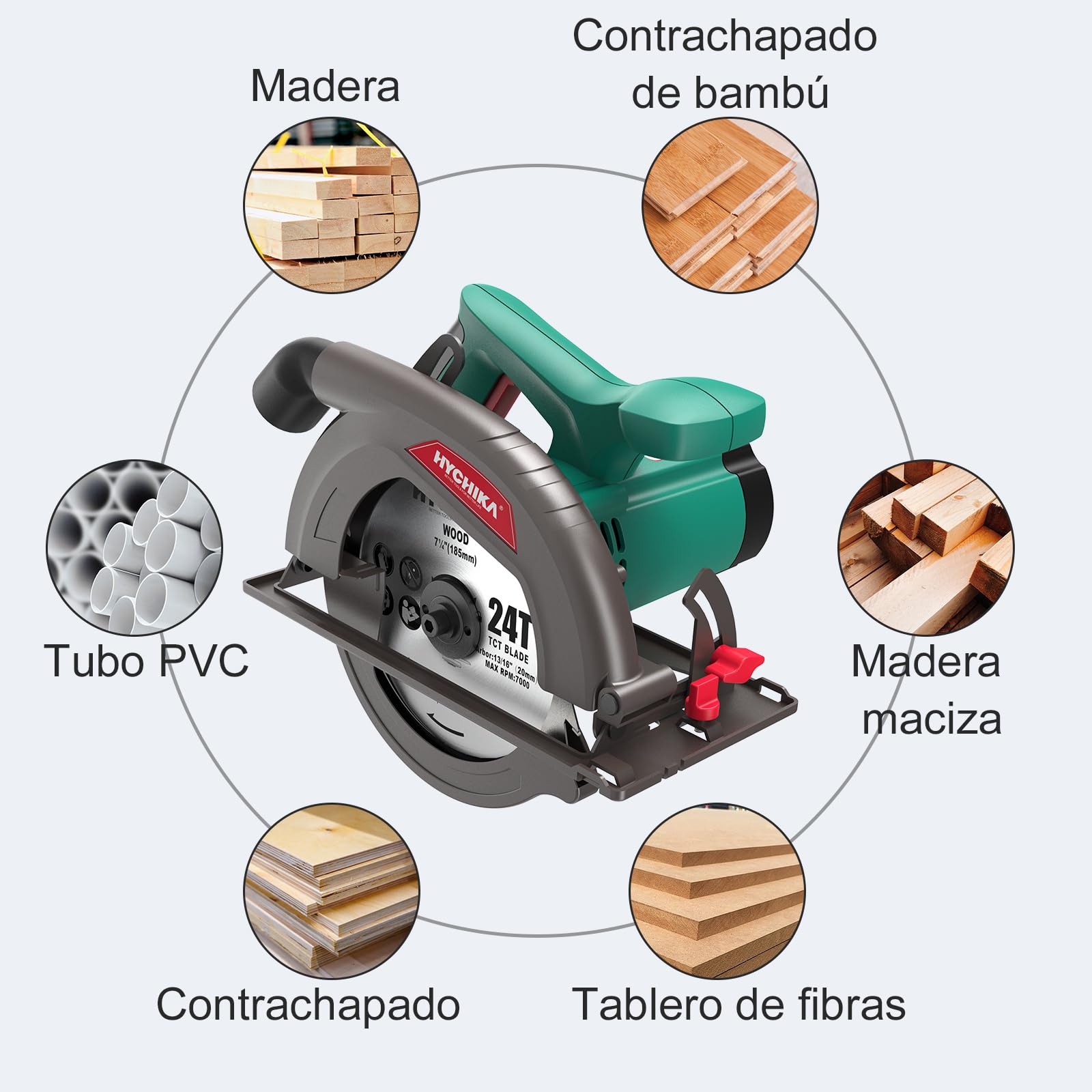 HYCHIKA Sierra Circular 1300W 4500RPM 185mm Mini Sierra Circular, Motor de alta Potencia, Profundidad de corte 65mm (90º), 45mm (45º), Extracción de Polvo, 2M Cable, para Corte de Madera/Plástico