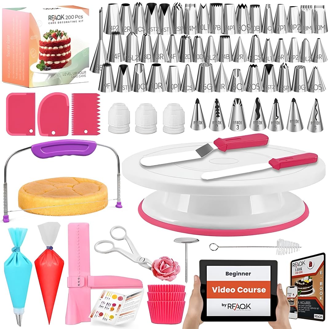 RFAQK 200PCs Cake Decorating Kit with Cake Turntable & Leveler, Baking Supplies Gift Includes 110+1 Piping Bags,55 Icing Tips,2 Frosting Spatulas, Adjustable Scraper, Video Tutorial, Booklet & more