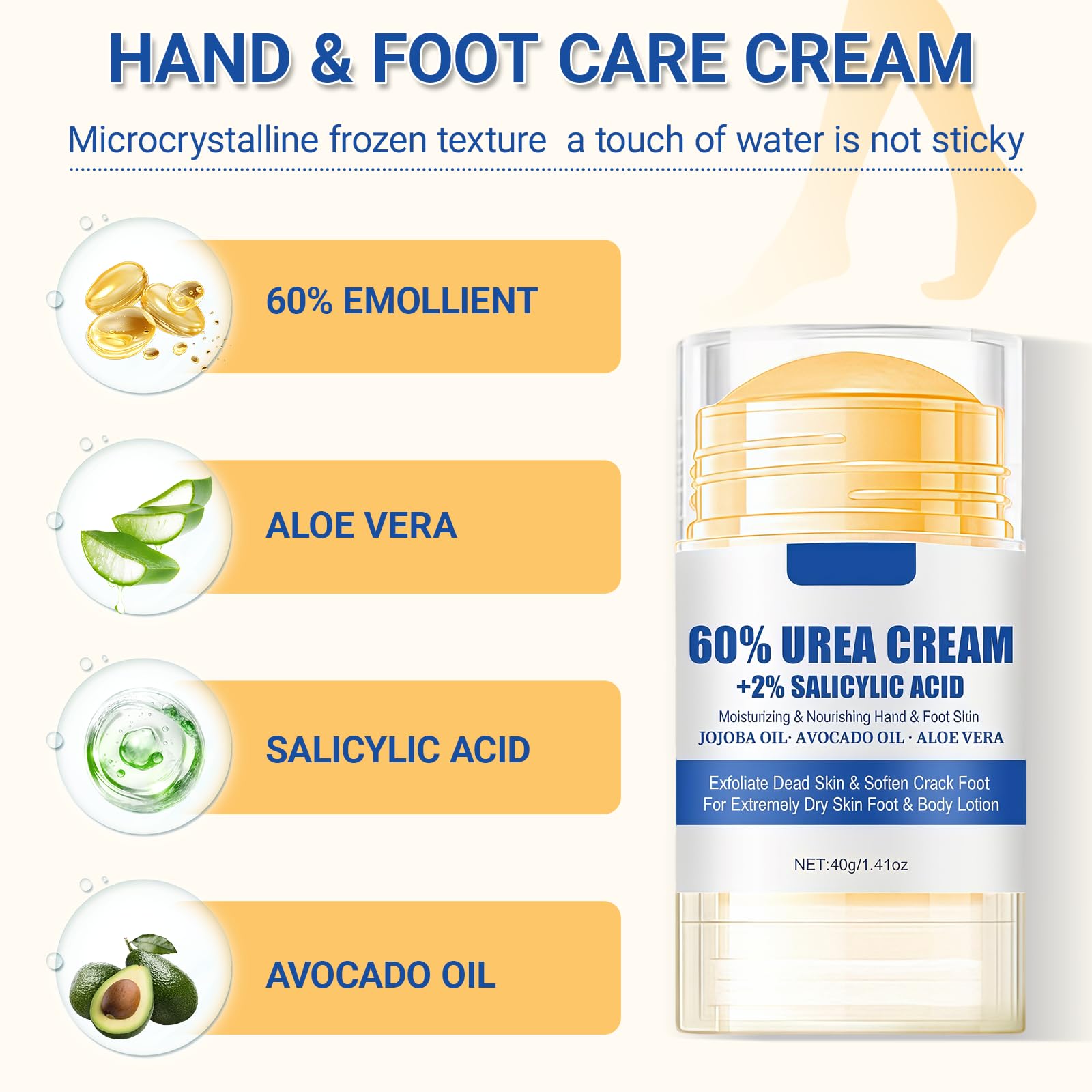 Crème à l'Urée 60% 40g, Crème pour les Pieds Secs et Fissurés, Crème Crevasse pour Talons Gercés, Crème Pieds Réparatrice Hydratante, pour Pieds Très Secs et Abîmés, avec Aloe Vera