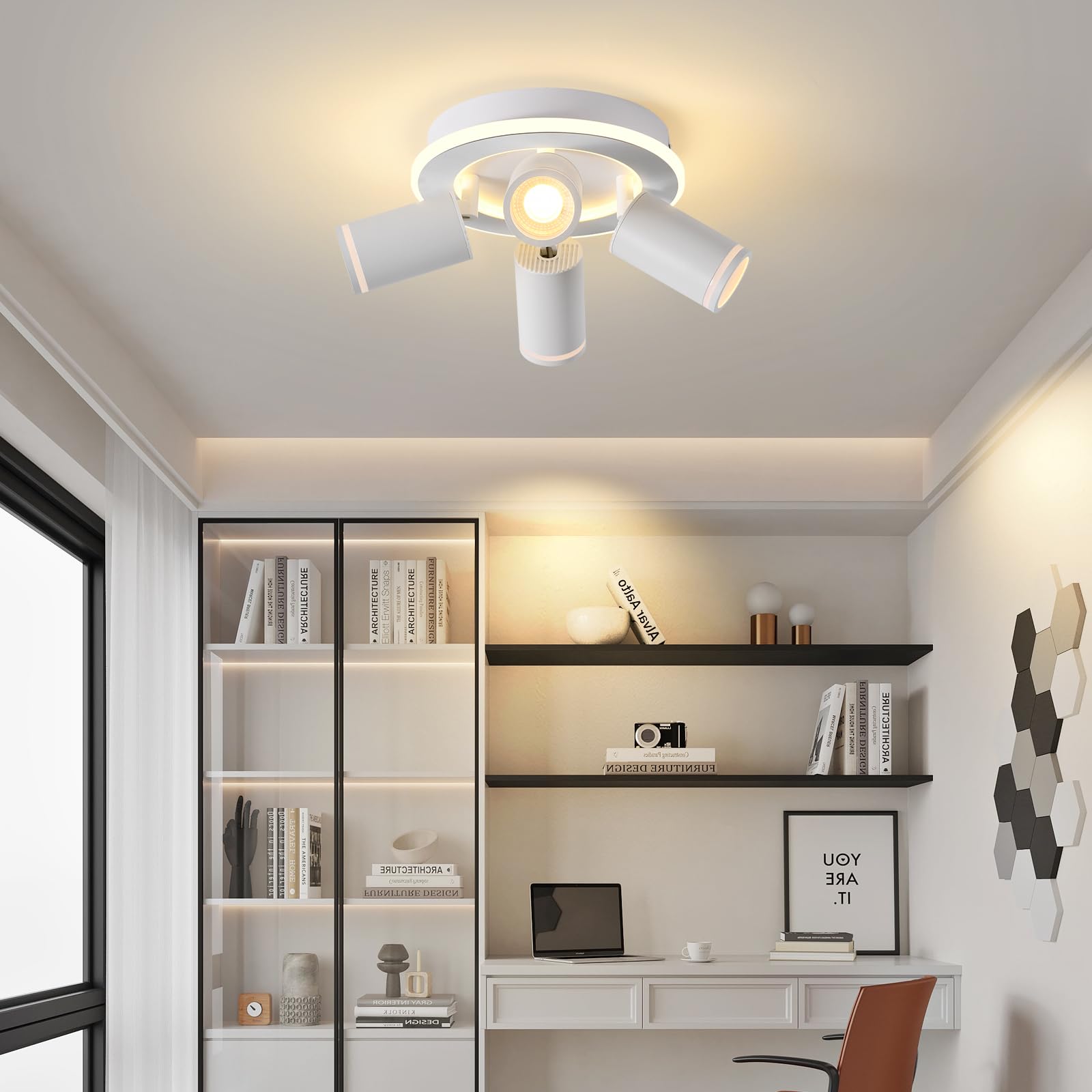 SANSHI Okrągły reflektor sufitowy, 4 obrotowe reflektory sufitowe LED 350°, nowoczesne oświetlenie oprawy z dolnym blaskiem 22 W + 4 x 5 W GU10, ciepła biel 3000 K do kuchni, salonu, biały