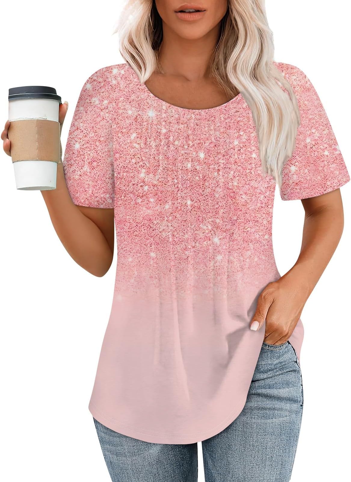 WJDNHKYDWomens Summer Tops and Blouses T-Shirts Short Sleeve Pleated Dressy Casual Scooped Neck Summer Tops Blouses