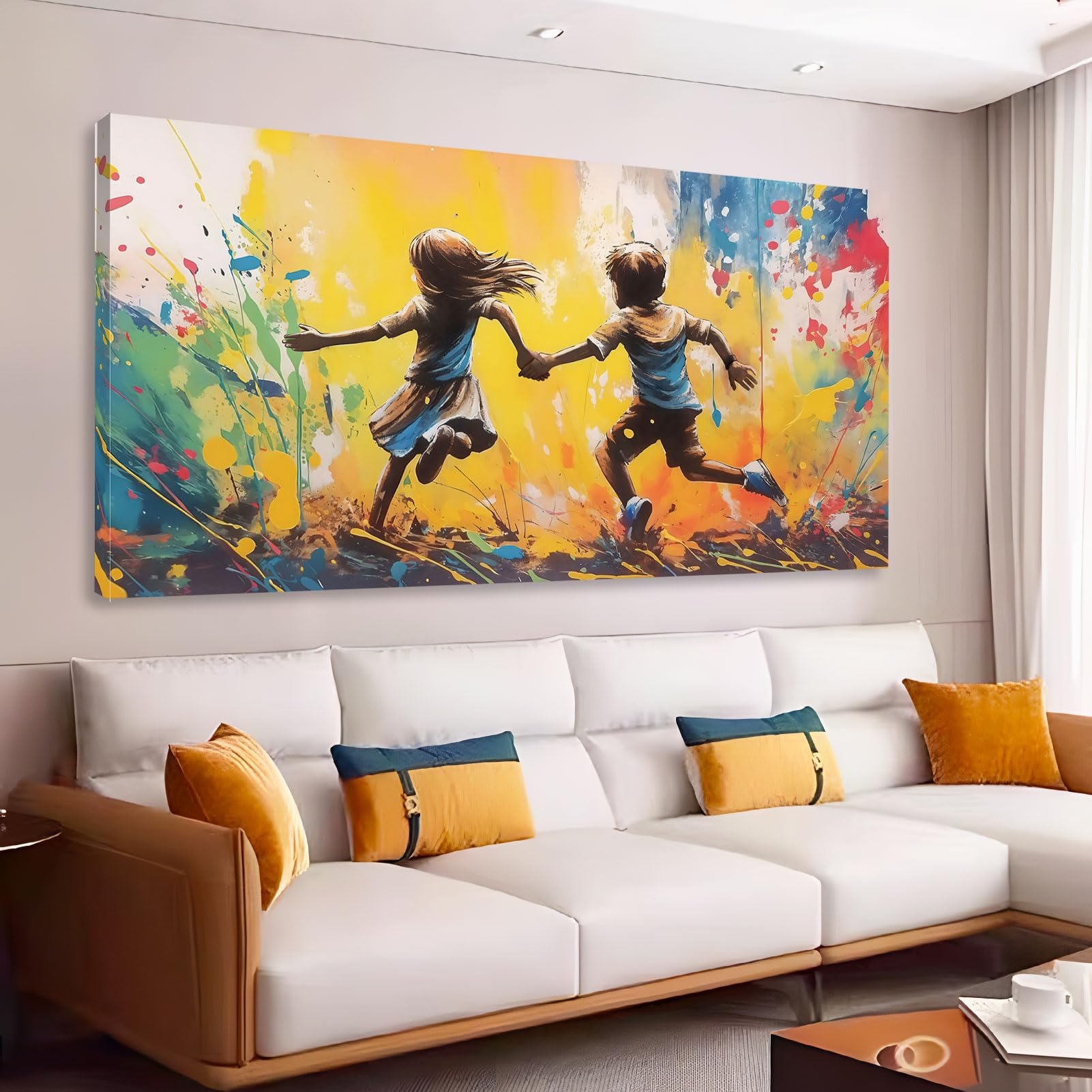 - Graffiti Running Boy Girl Canvas Wall Art, Banksy Canvas Print, Street Art Wall Decor, Colorful Kids Posters, Urban Graffiti Wall Art, Banksy Poster for Bedroom, Living Room (57"x28" | 146x72cm)