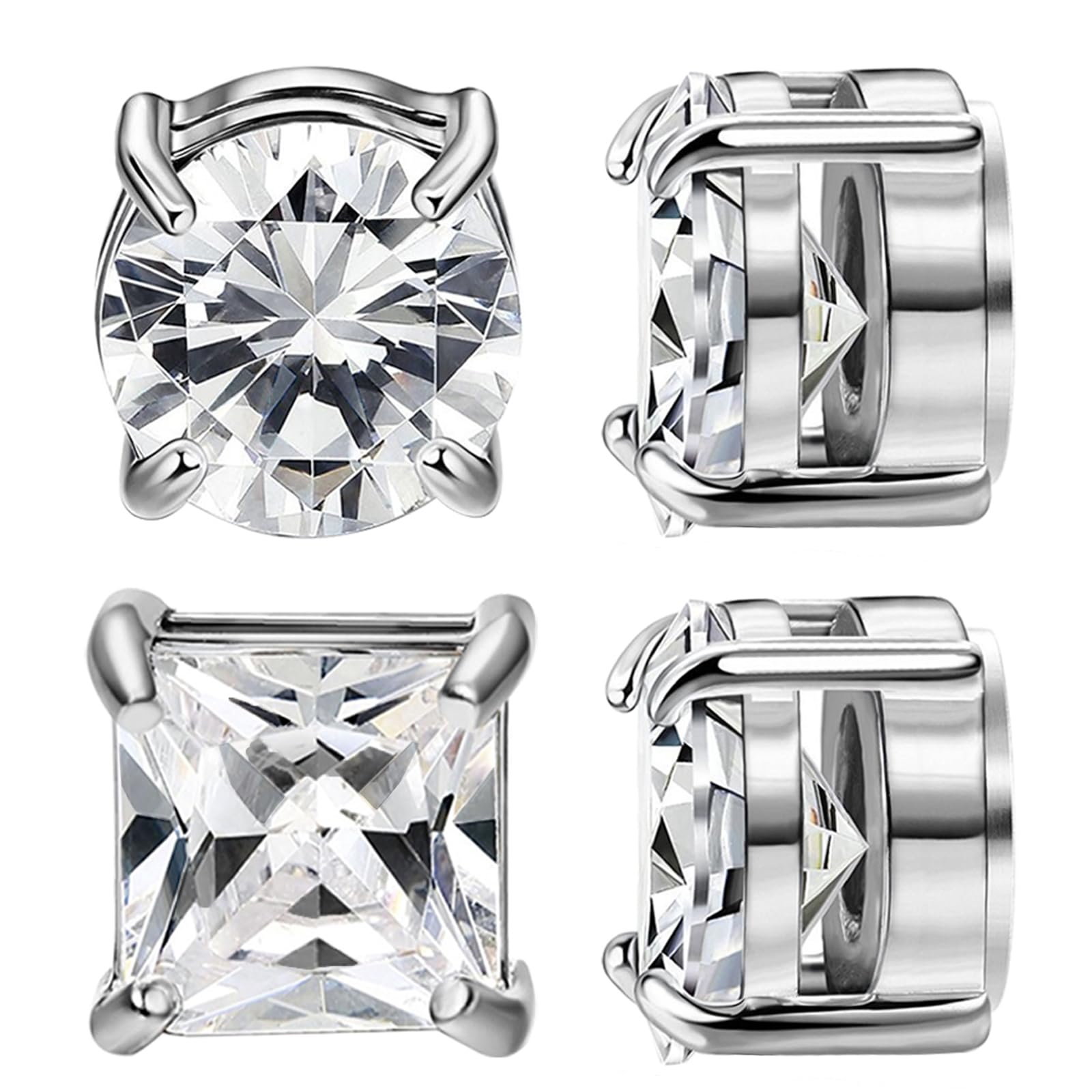 NEWITIN 2 Pairs Stainless Steel Magnetic Stud Earrings for Men Clip on Earring Magnetic Earring Unisex Non Piercing CZ Magnet Studs Diamond Earrings