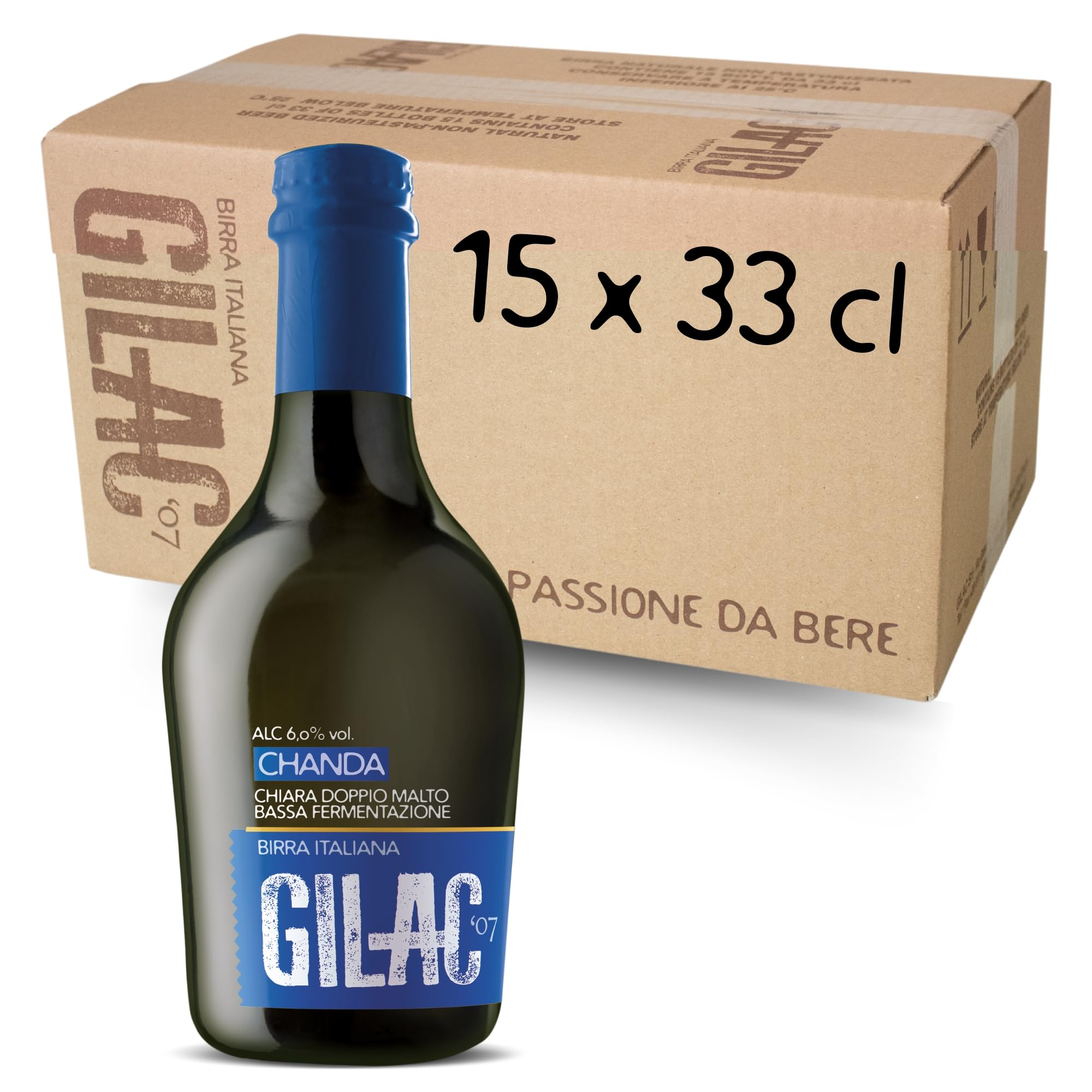 GILAC CHANDA Birra artigianale Chiara Doppio Malto 15 Bottiglie da 33 cl - Birra artigianale Italiana Non Filtrata e Non Pastorizzata, Birre artigianali confezioni regalo Gradazione Alcolica 6.0% Vol
