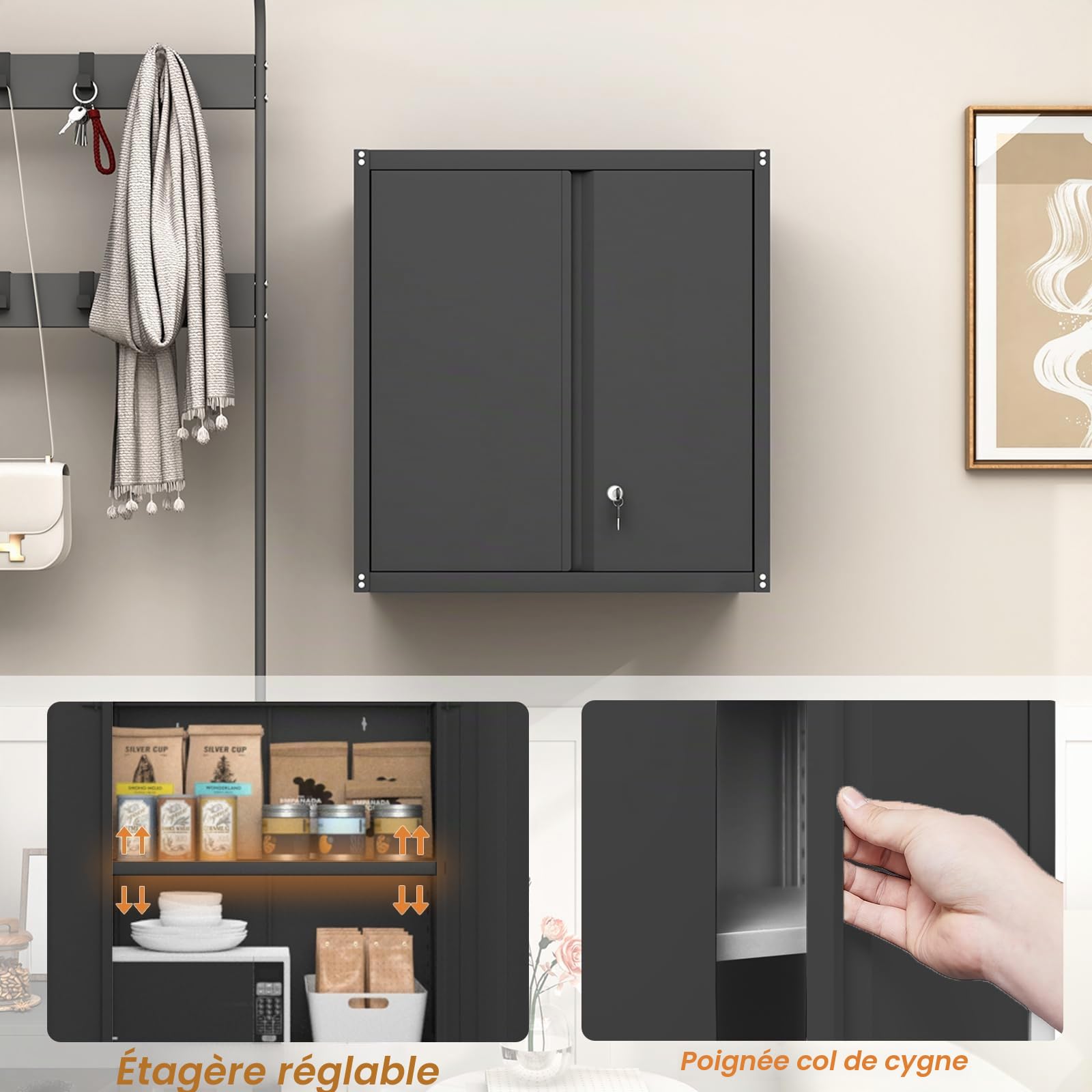 GREATMEET Armoire à outils murale en métal avec porte battante, 1 étagère réglable et 2 portes, armoire en acier pour garage, bureau et maison, noir