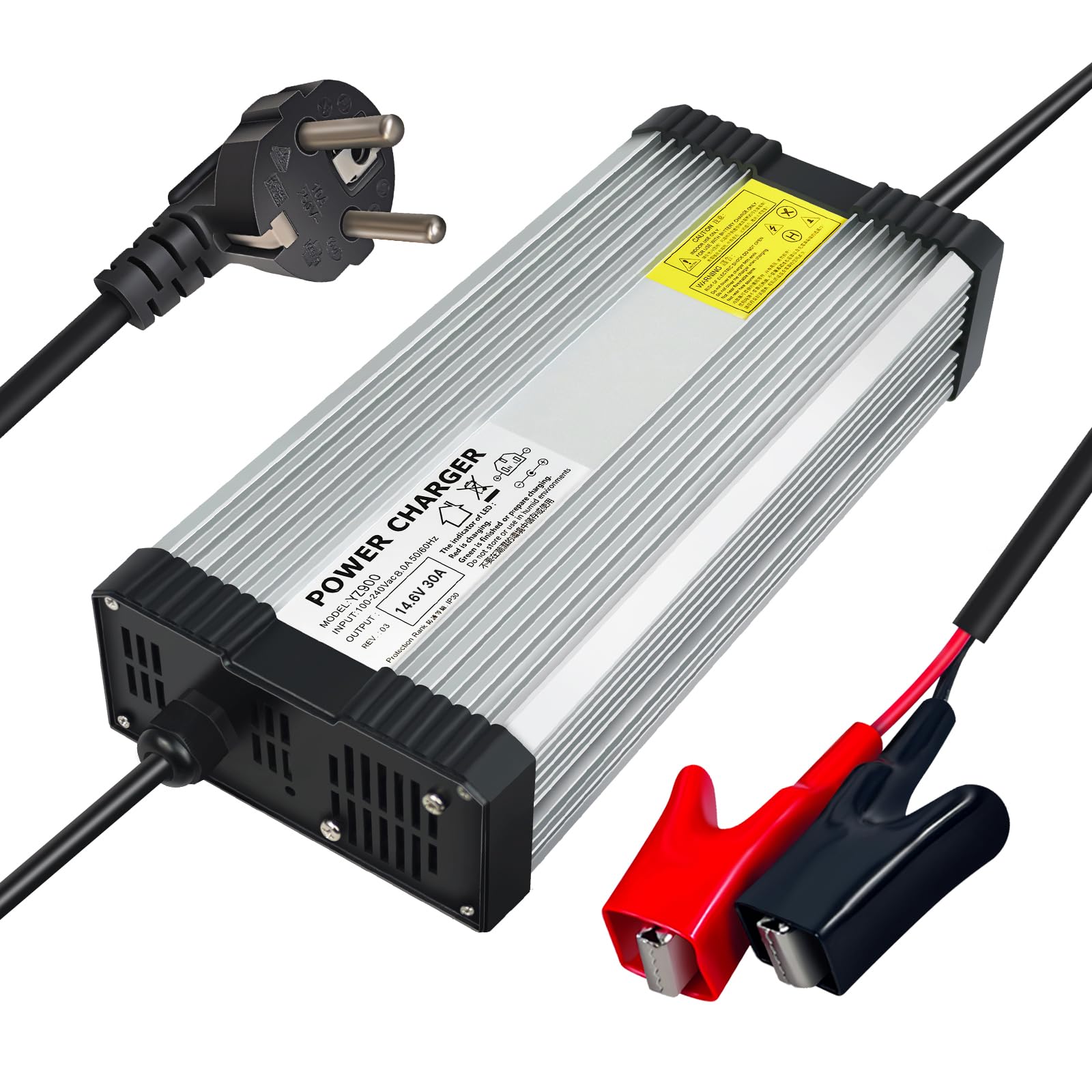 Chargeur Batterie LiFePO4 14,6V 30A avec Pinces Crocodile – Chargeur Haute Puissance pour Batterie Lithium 12V, Système Solaire et Usage Intensif