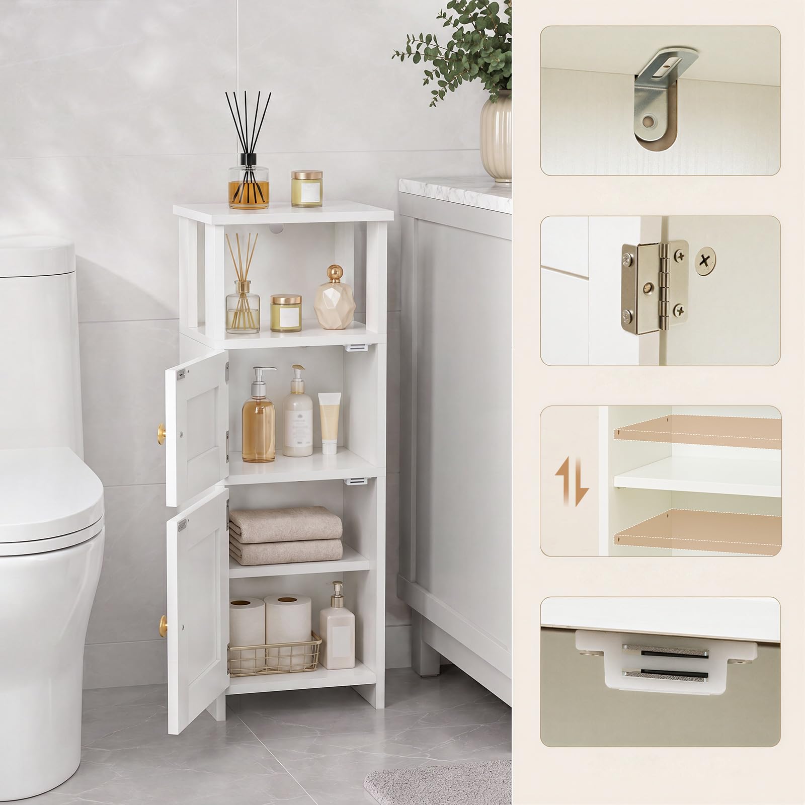HOOBRO Armario de Almacenamiento para Baño, Mueble de Baño Estrecho y Compacto, Armario Alto Independiente con Estante Ajustable, para Lavandería, con Espacio Abierto y Oculto, Blanco EWT42BC01