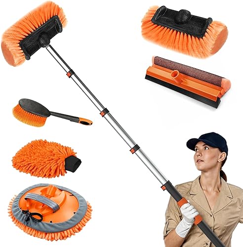 SISUPASSIE 12FT Car Wash Brush with Long Handle, Car Cleaning Brush Kit with Soft Bristle Brush, Window Squeegee, Microfiber Mop, Wheel Brush, Mitt for Cleaning Truck, RV, Boat, Solar Panels
