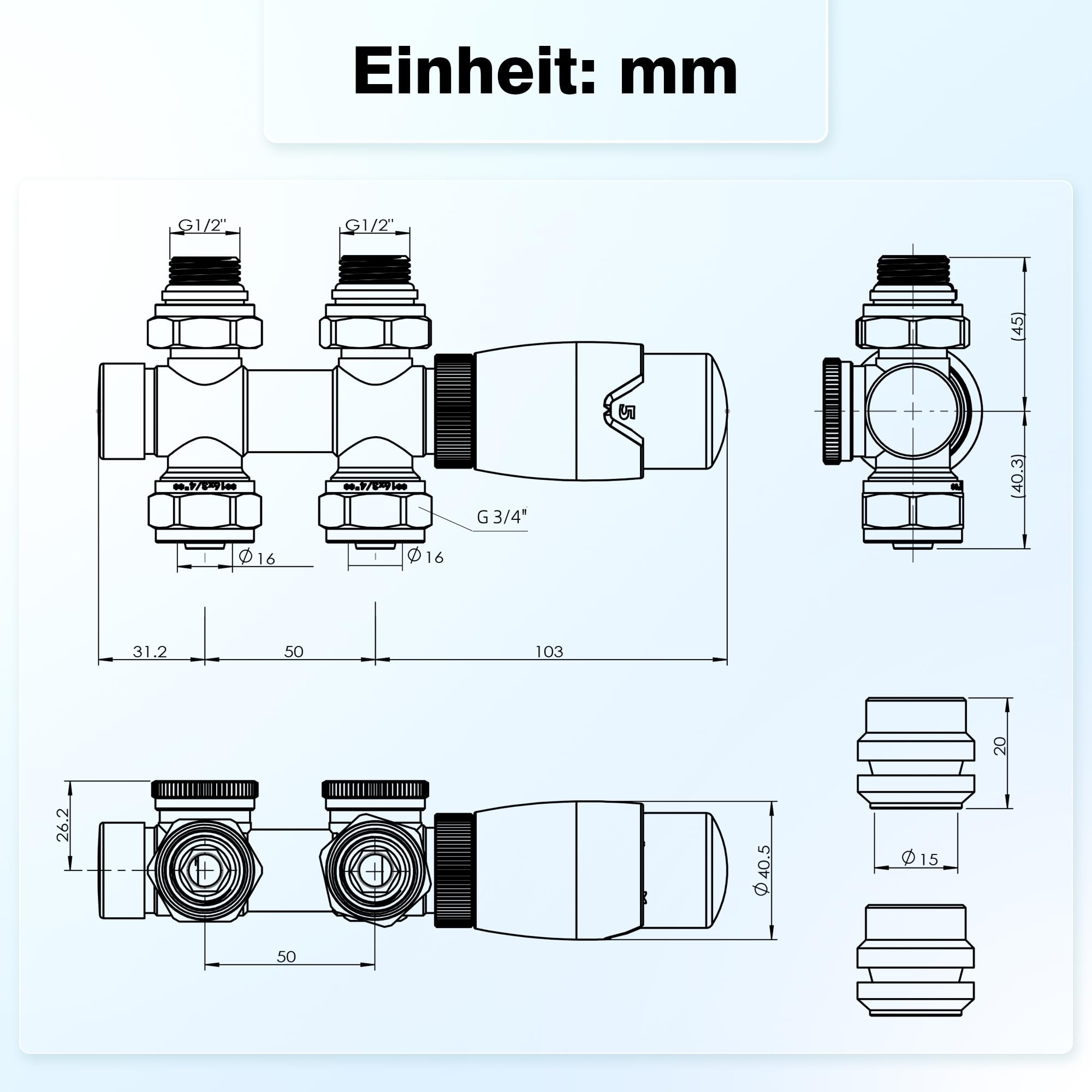 GIMBELEN Multiblock Ventielarmaturen voor radiatoren, kraanblok, verwarmingsaccessoires, hoek en doorgangsvorm, ventielkraanblok, radiatorventiel (antraciet