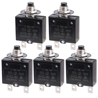 Thermal Circuit Breaker 15 Amps, Thermal Overload Protector L1 Series 125-250V AC 50V DC Push Button Manual Reset Circuit Breaker 15A 5 Pack