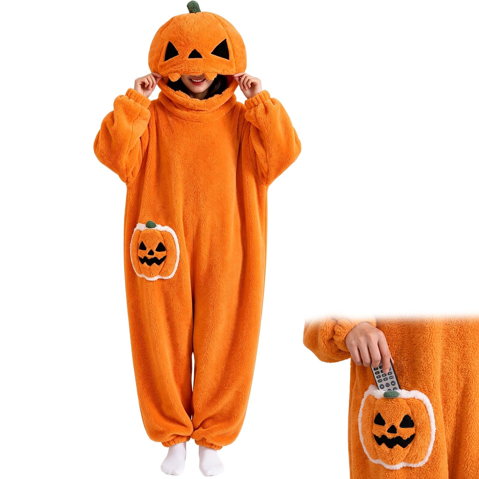 Genérico Pijama de Calabaza de Halloween, Pijama de Calabaza de Forro Polar Coral for Noche de Cine, Fiesta en casa, Traje