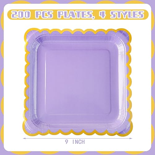 Miniatura 2 de Paquete de 200 platos de papel pastel de 9 pulgadas, platos cuadrados desechables con platos de postre dorados festoneados arcoíris pastel para