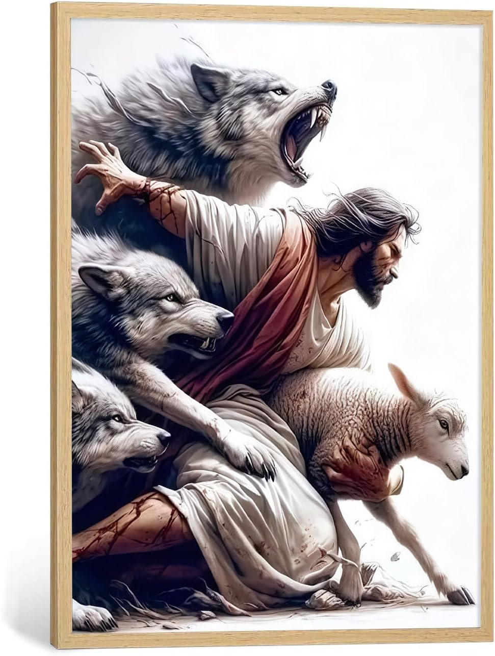 BIBLSPACE Jesus Wall Art Religious Wall Decor Christian Posters for Wall Pictures of Jesus Saves the Lost Lambs Canvas Wall Art for Living Room Bedroom Christian Wolf Art Framed 16x24 Inch
