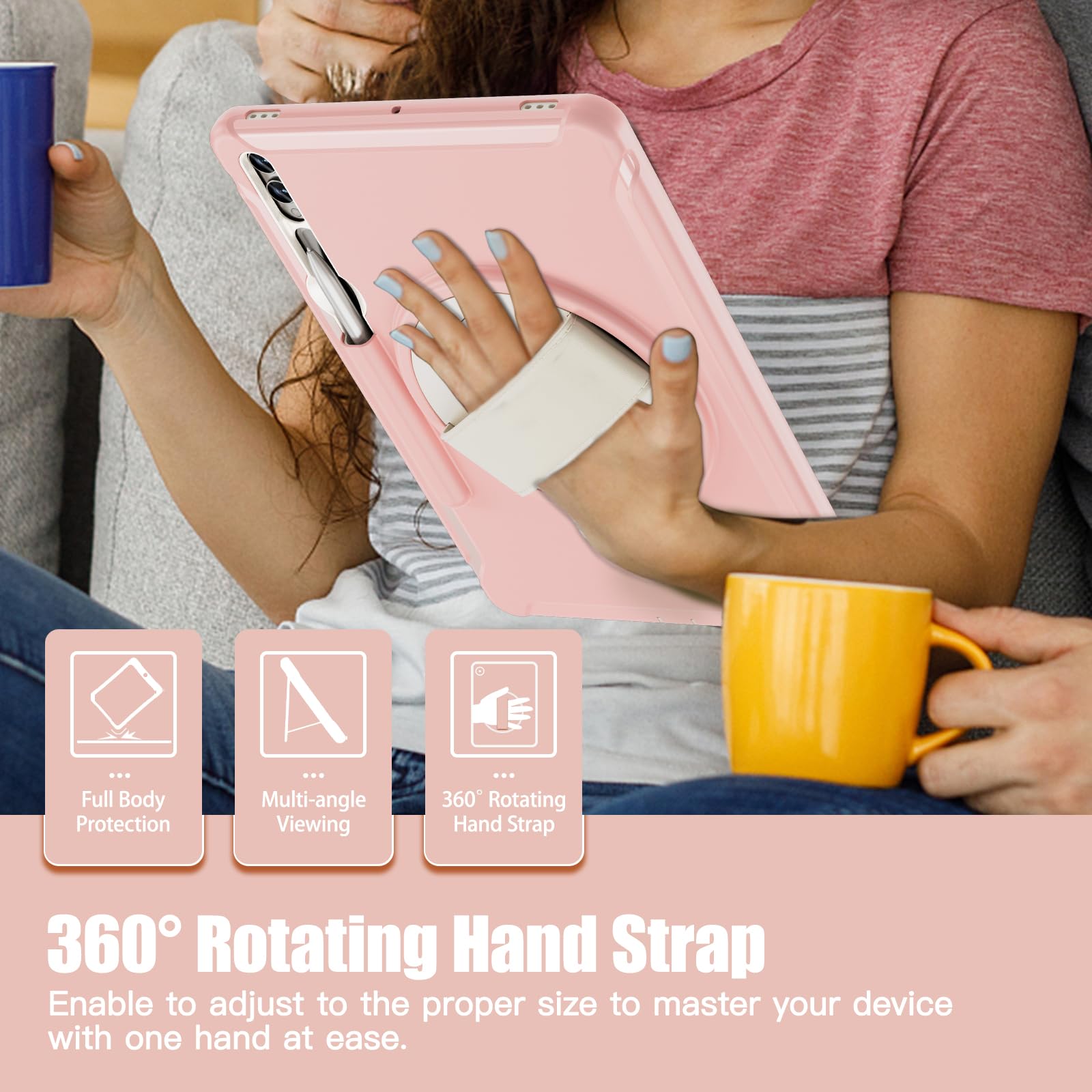 Junfire Schutzhülle für Samsung Galaxy Tab S9 Plus/S8 Plus/S7Plus/S7FE/S9 FE Plus, 12,4 Zoll Tablet Cover mit Kickstand, Handschlaufe, Stylus Halter, Rosa
